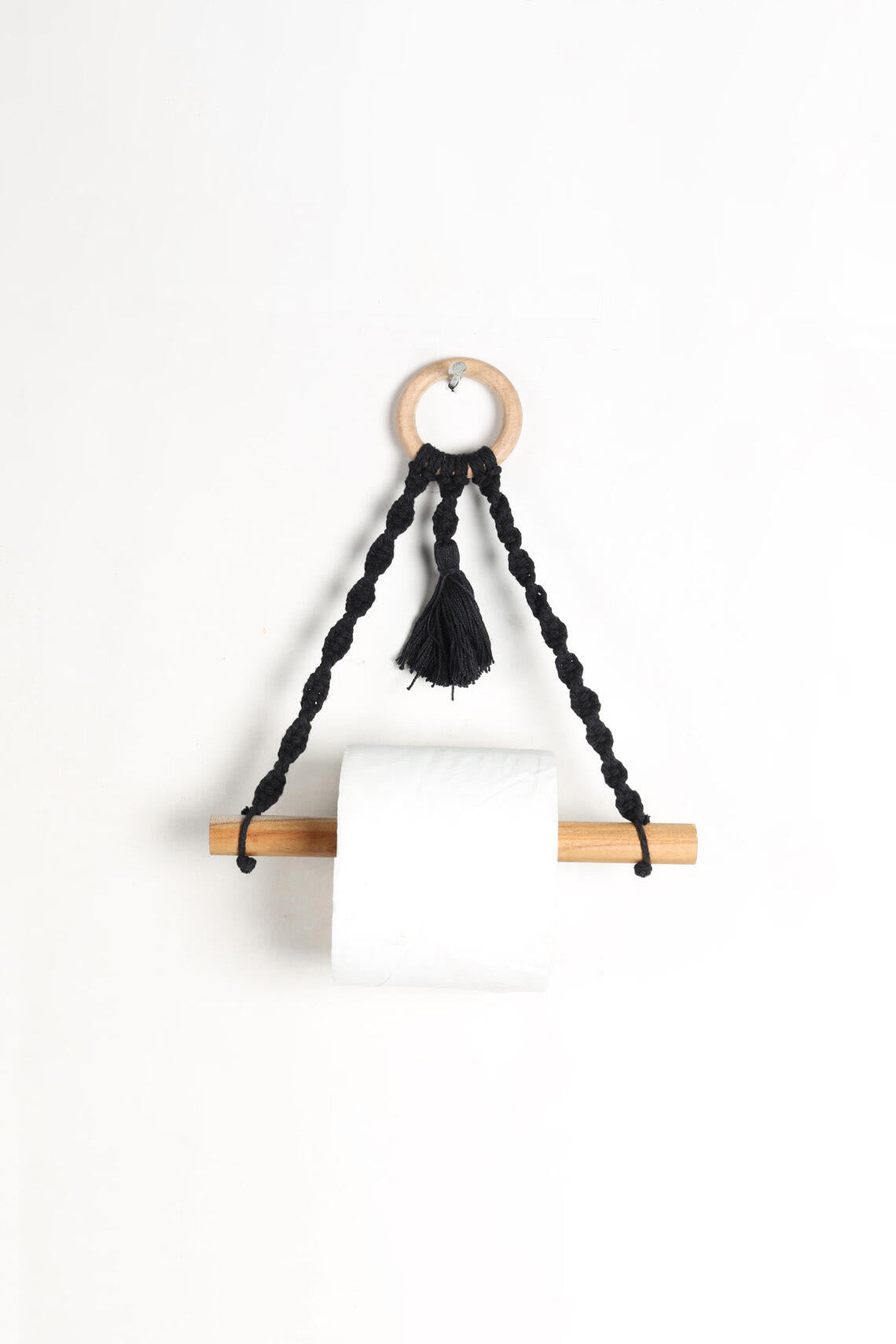 Cotton macrame & wood hanging roll holder