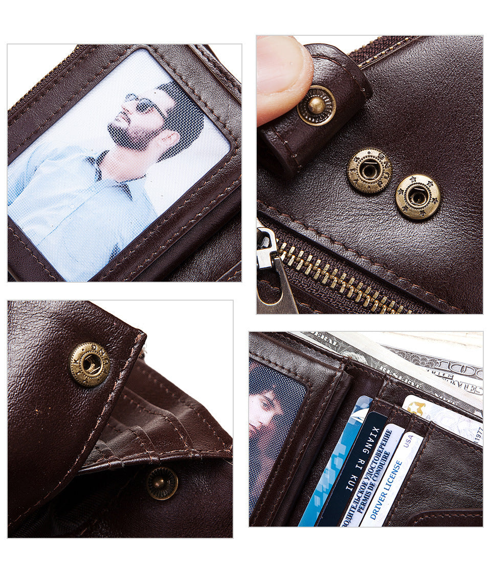 Men's Wallet Tri-fold Genuine Cowhide Leather