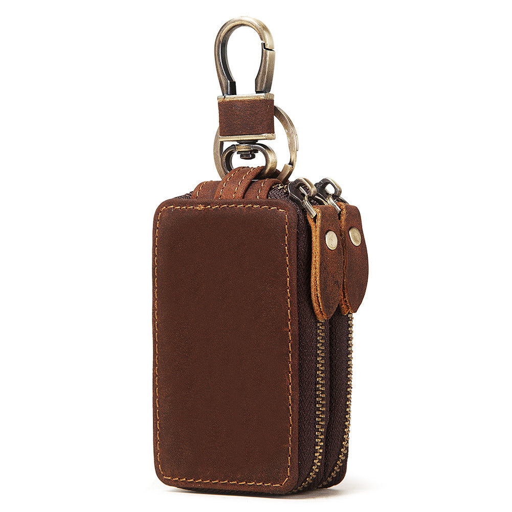 Key Holder Compact Wallet Double Zipper Genuine Leather