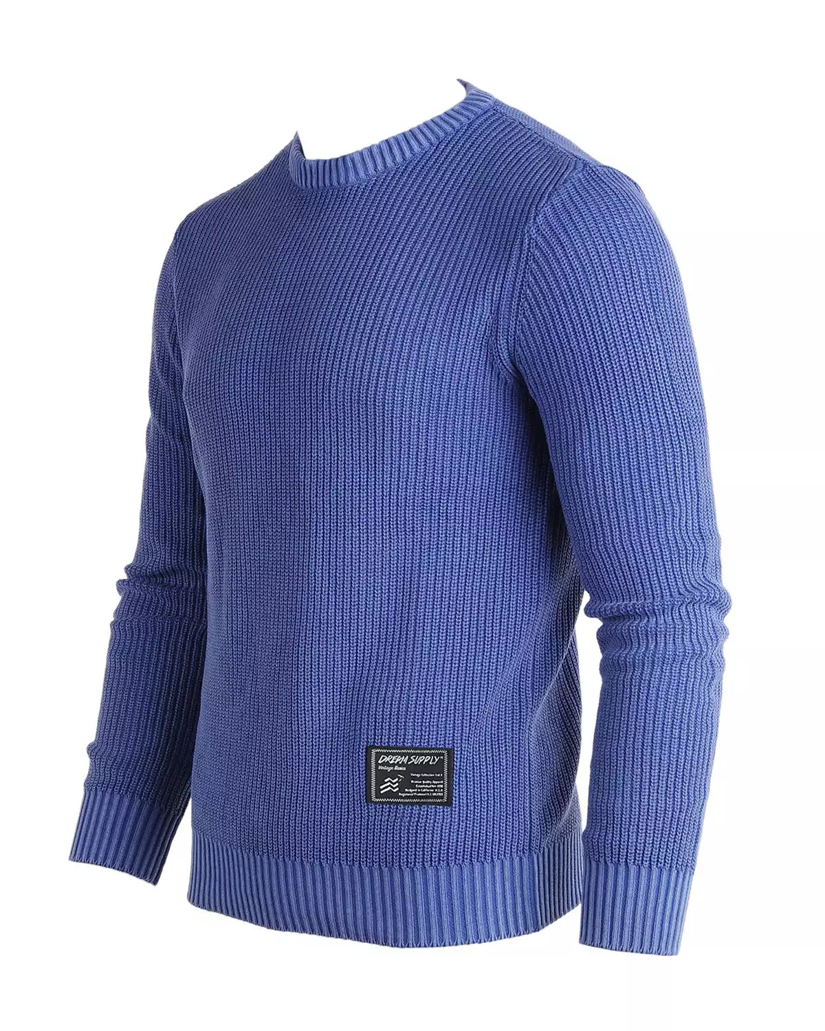 Men's Long Sleeve Stone Washed Vintage Crewneck Pullover Sweater Blue