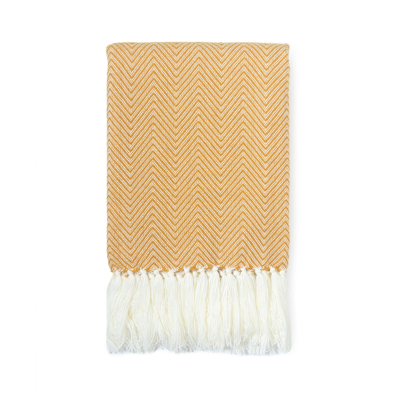 Classic Knitted Throw Blanket with Fringes, Neda, Herringbone Stripes, Mustard Yellow, 50" x60"