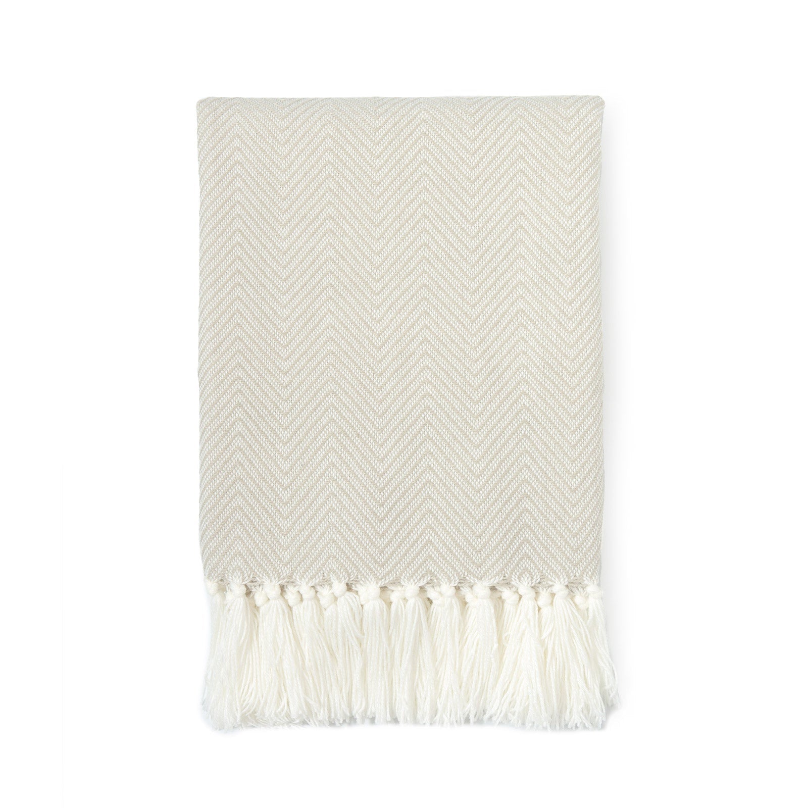 Classic Knitted Throw Blanket with Fringes, Neda, Herringbone Stripes, Ivory Beige, 50" x60"