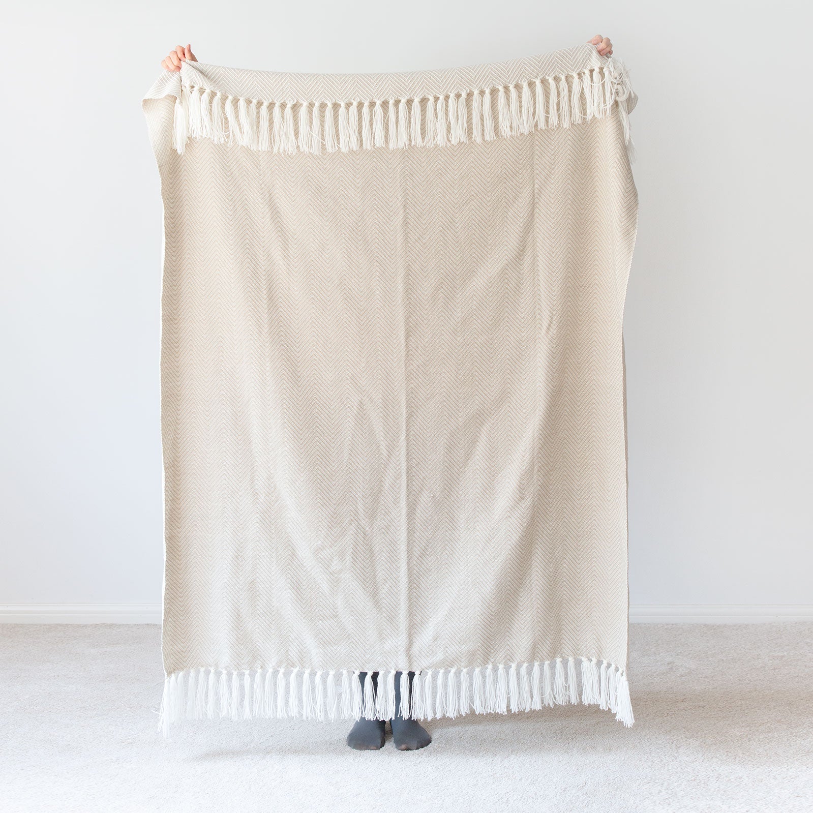 Classic Knitted Throw Blanket with Fringes, Neda, Herringbone Stripes, Ivory Beige, 50" x60"