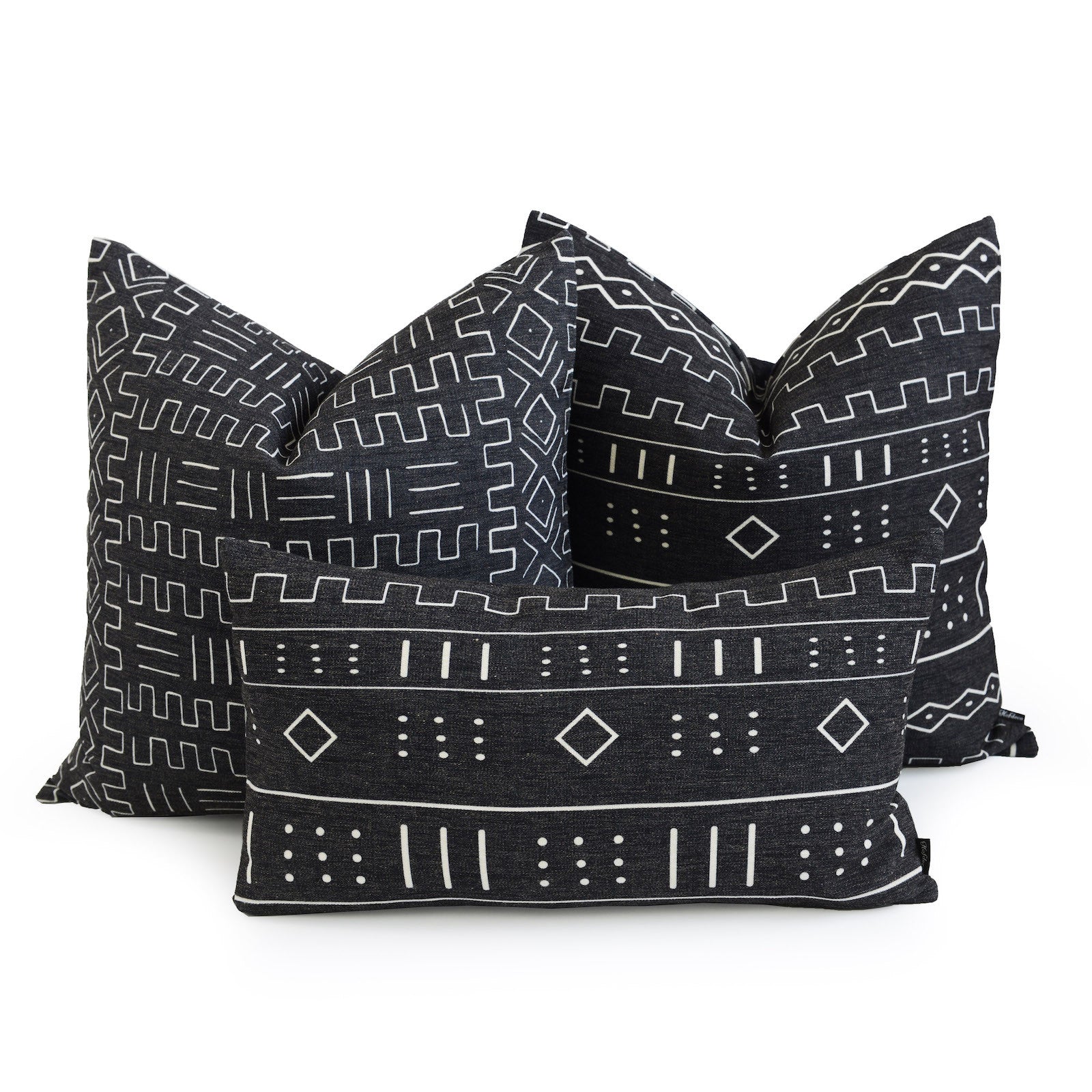 African Mud Cloth Lumbar Pillow Cover, Dots and Dashes, Black, Double Sided, 12"x20"