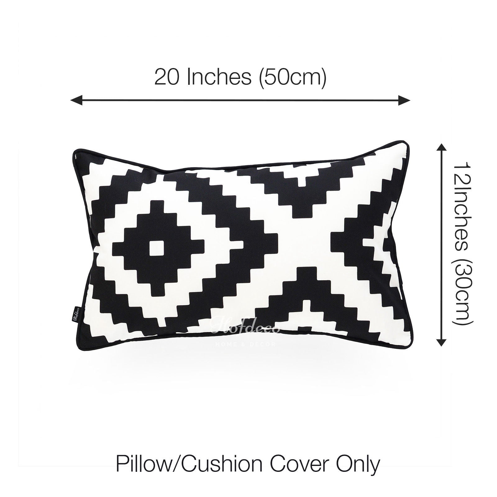 Black and White Outdoor Lumbar Pillow Cover, Ikat Diamond, 12"x20"