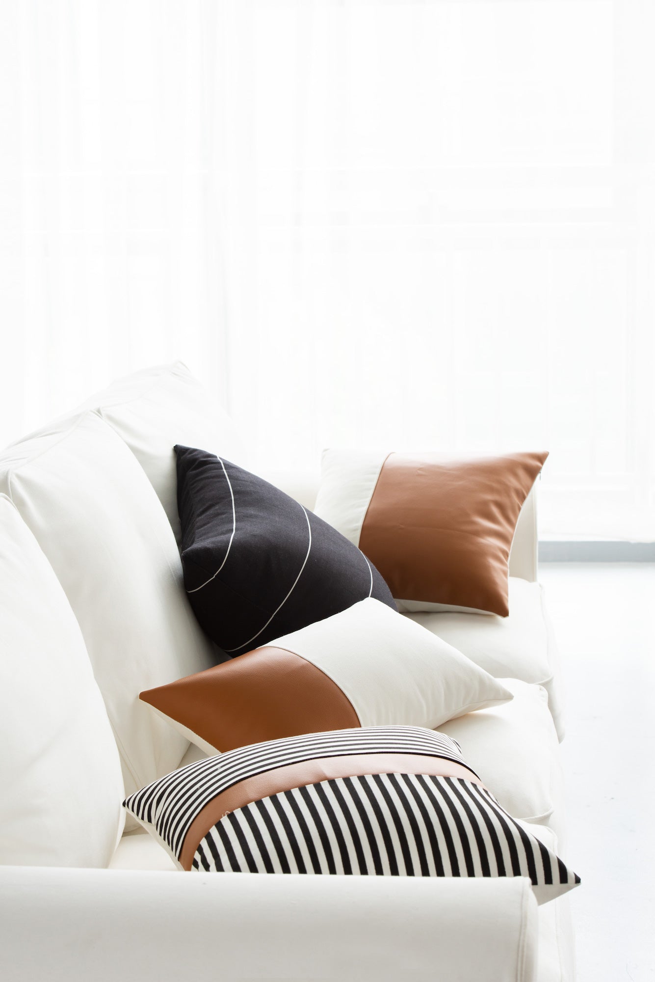 Faux Leather Pillow Cover, Modern Design Stripes, Camel Black, 18"x18"