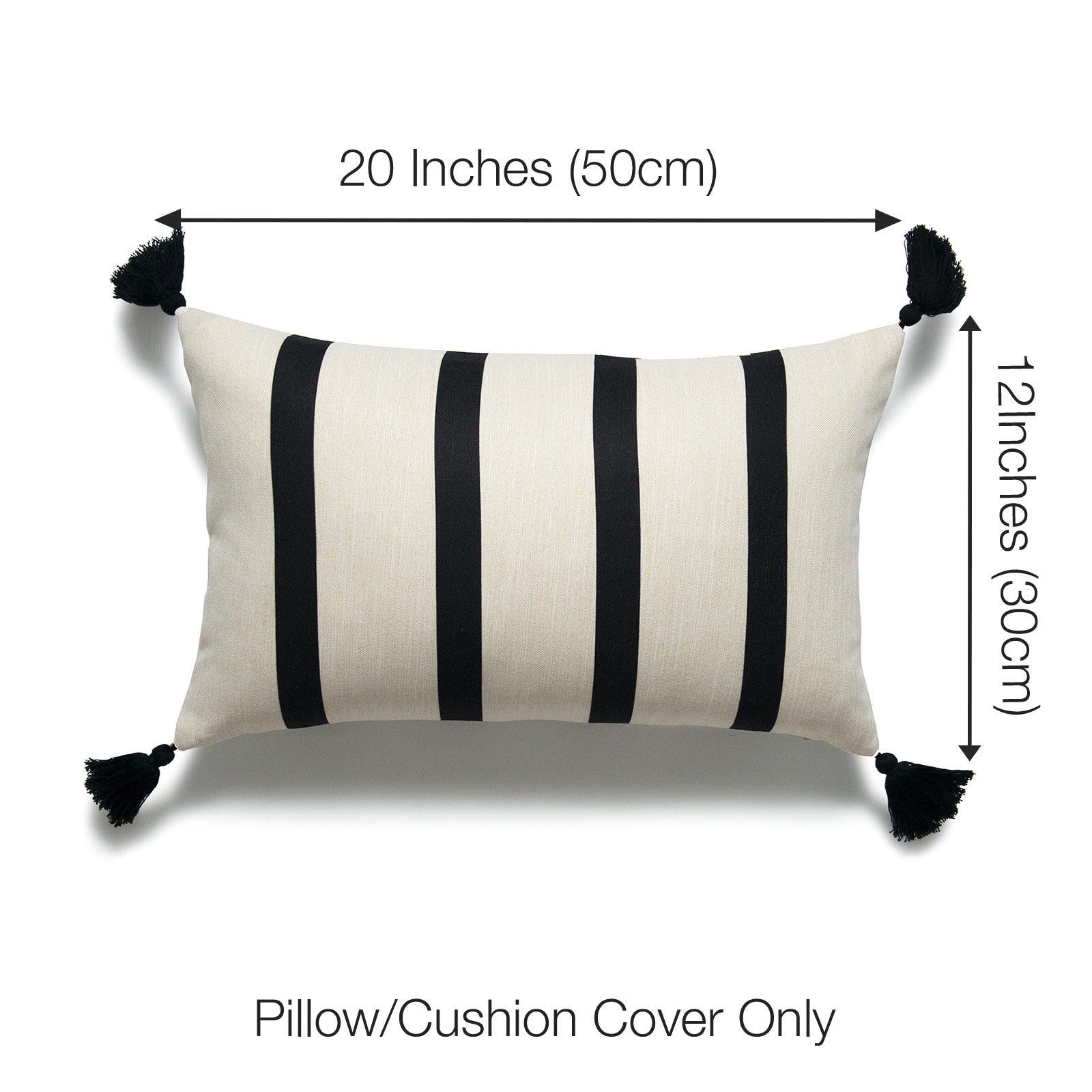 Moroccan Tassel Neutral Lumbar Pillow Cover, Striped, Beige Black, 12"x20"