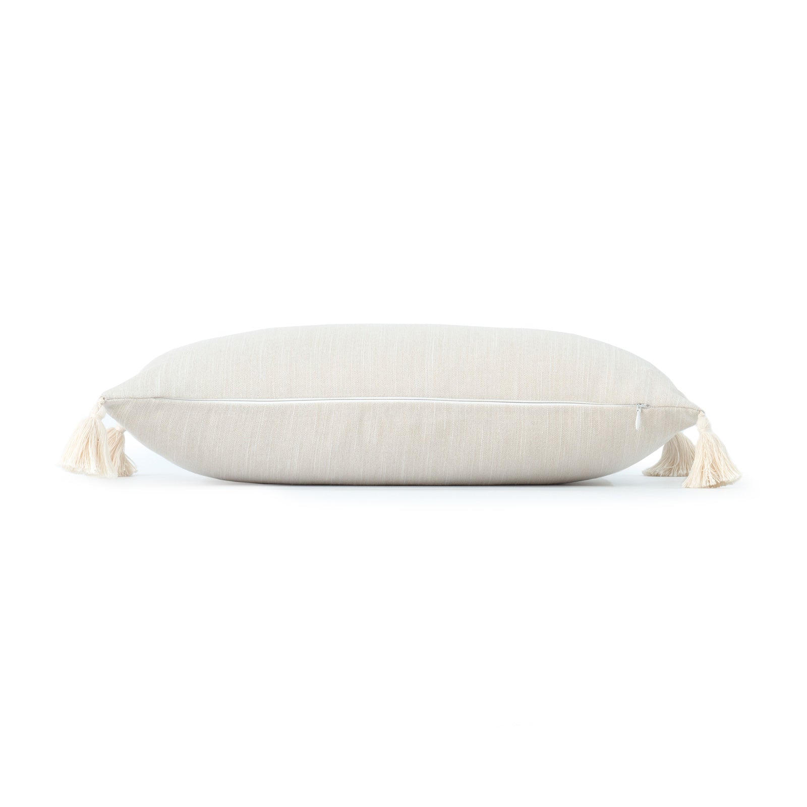 Neutral Lumbar Pillow Cover, Beige Plain with Tassels, 12"x20"
