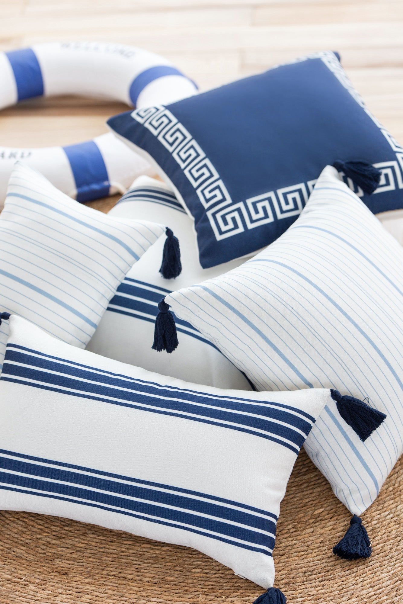 Coastal Indoor Outdoor Pillow Cover, Helicon, Greek Key, Navy Blue, 18"x18"