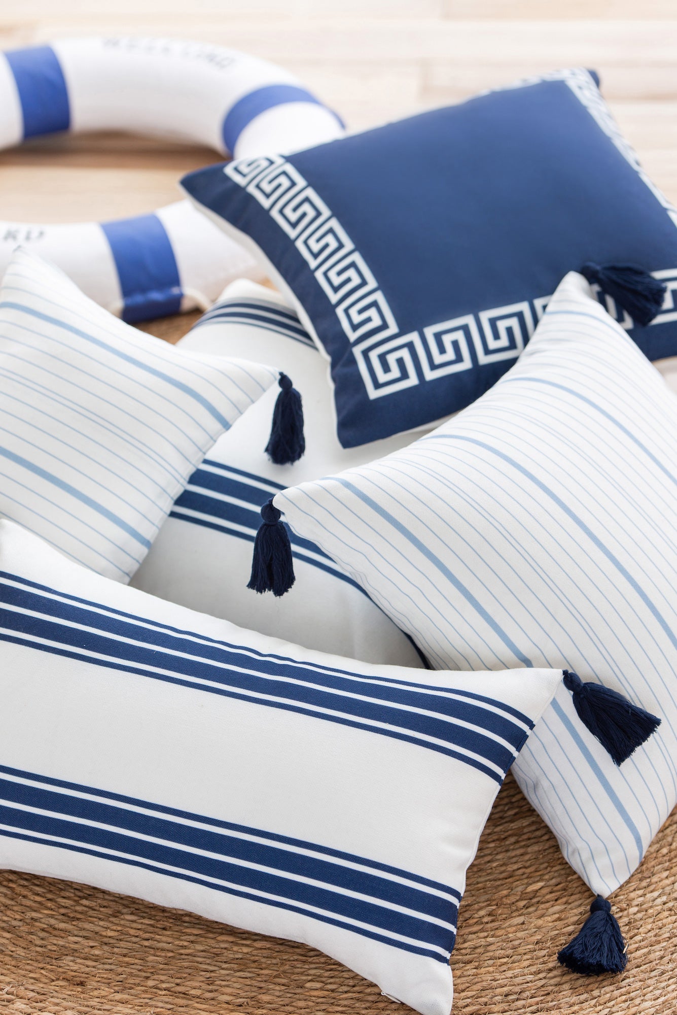 Coastal Indoor Outdoor Pillow Cover, Missi, Stripe Tassel, Sky Blue, 18"x18"