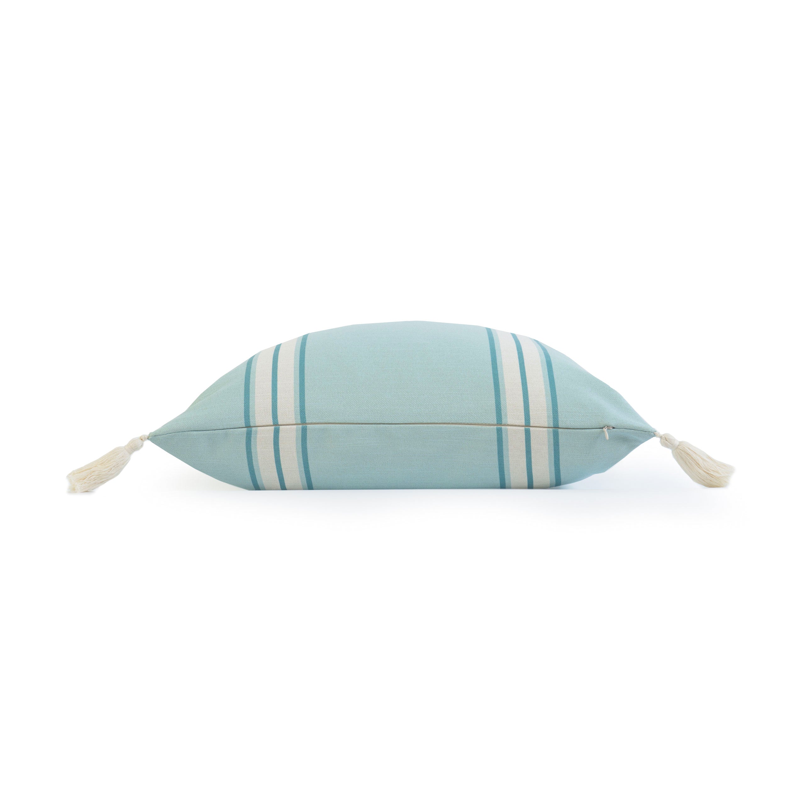 Coastal Indoor Outdoor Pillow Cover, Aviv, Striped Tassel, Aqua Turquoise, 20"x20"