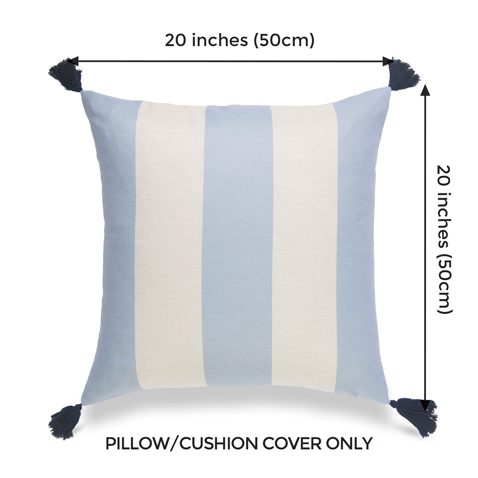 Beach Coastal Outdoor Pillow Cover, Malta, Striped Tassel, Sky Blue, 20" x20"