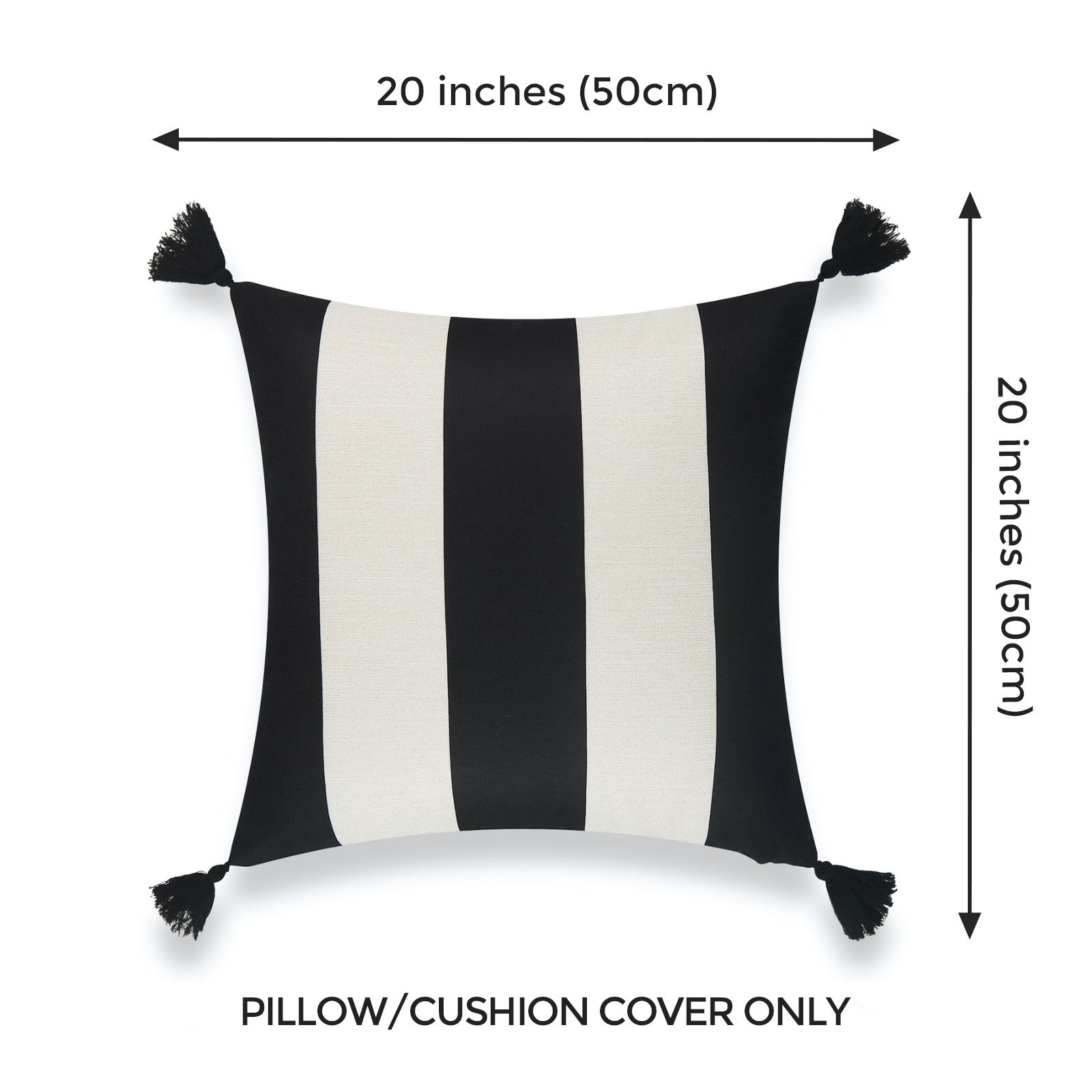 Modern Boho Outdoor Pillow Cover, Malta, Striped Tassel, Black, 20"x20"