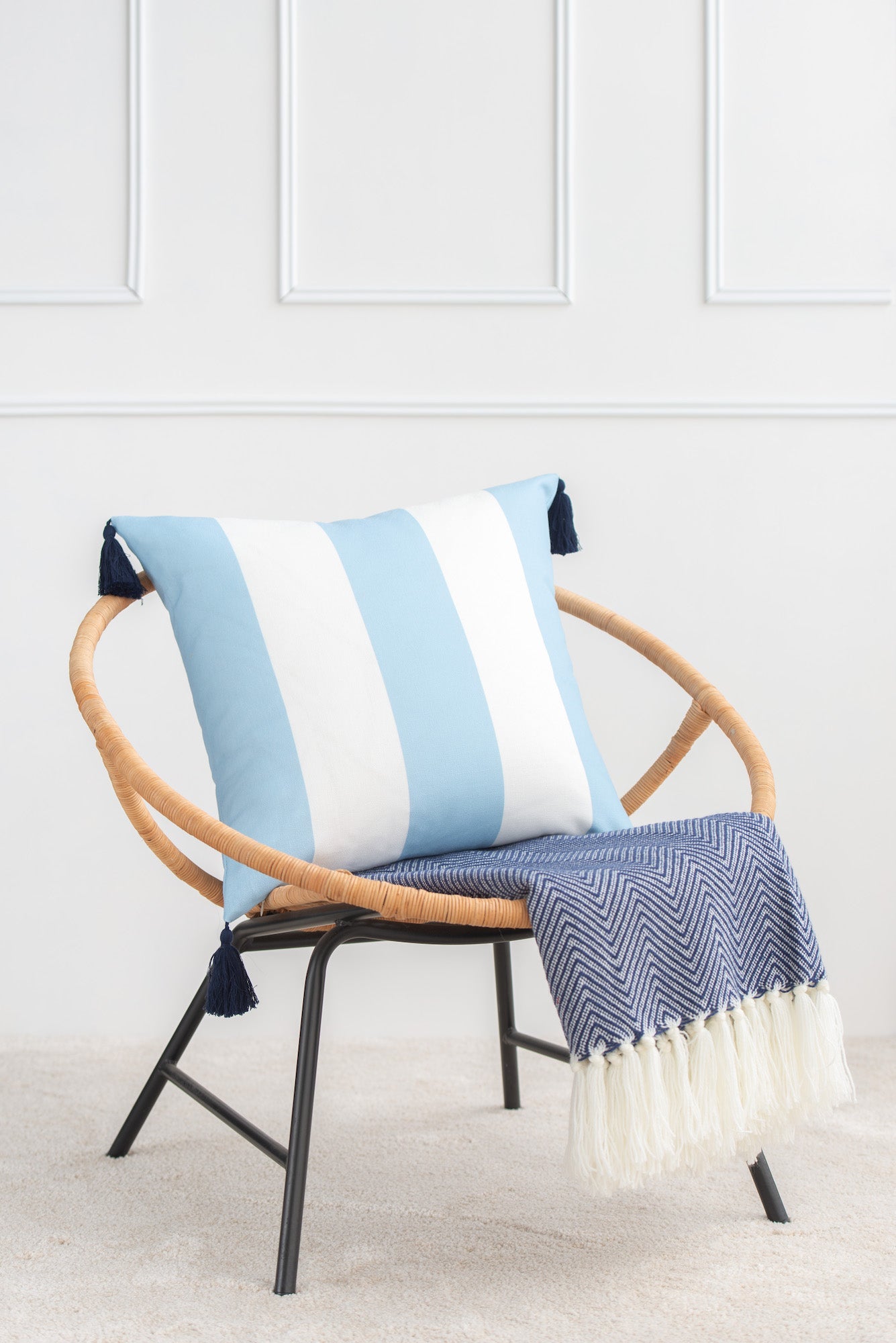 Beach Coastal Outdoor Pillow Cover, Malta, Striped Tassel, Sky Blue, 20" x20"