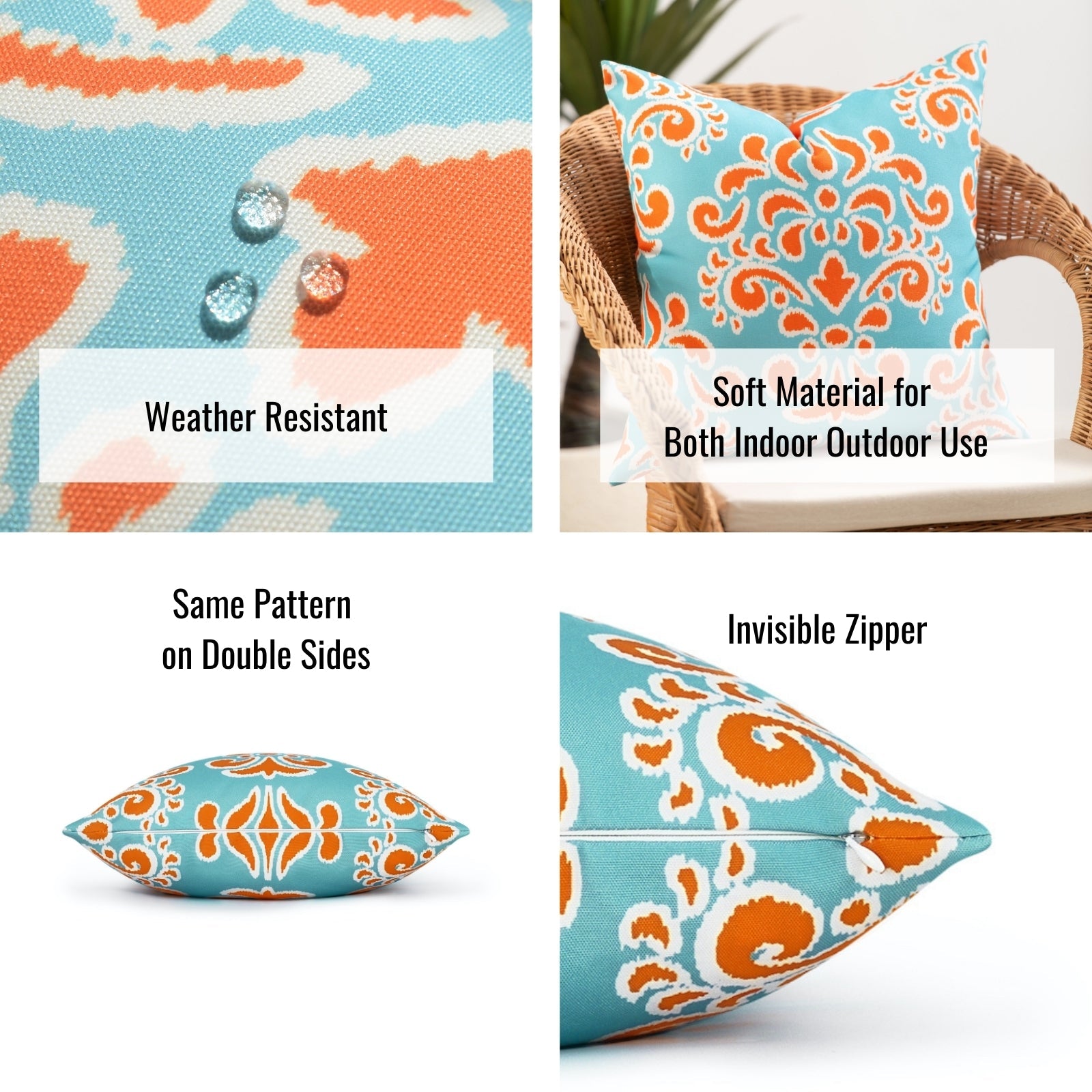 Coastal Outdoor Pillow Cover, Orange Aqua Damask, 18"x18"