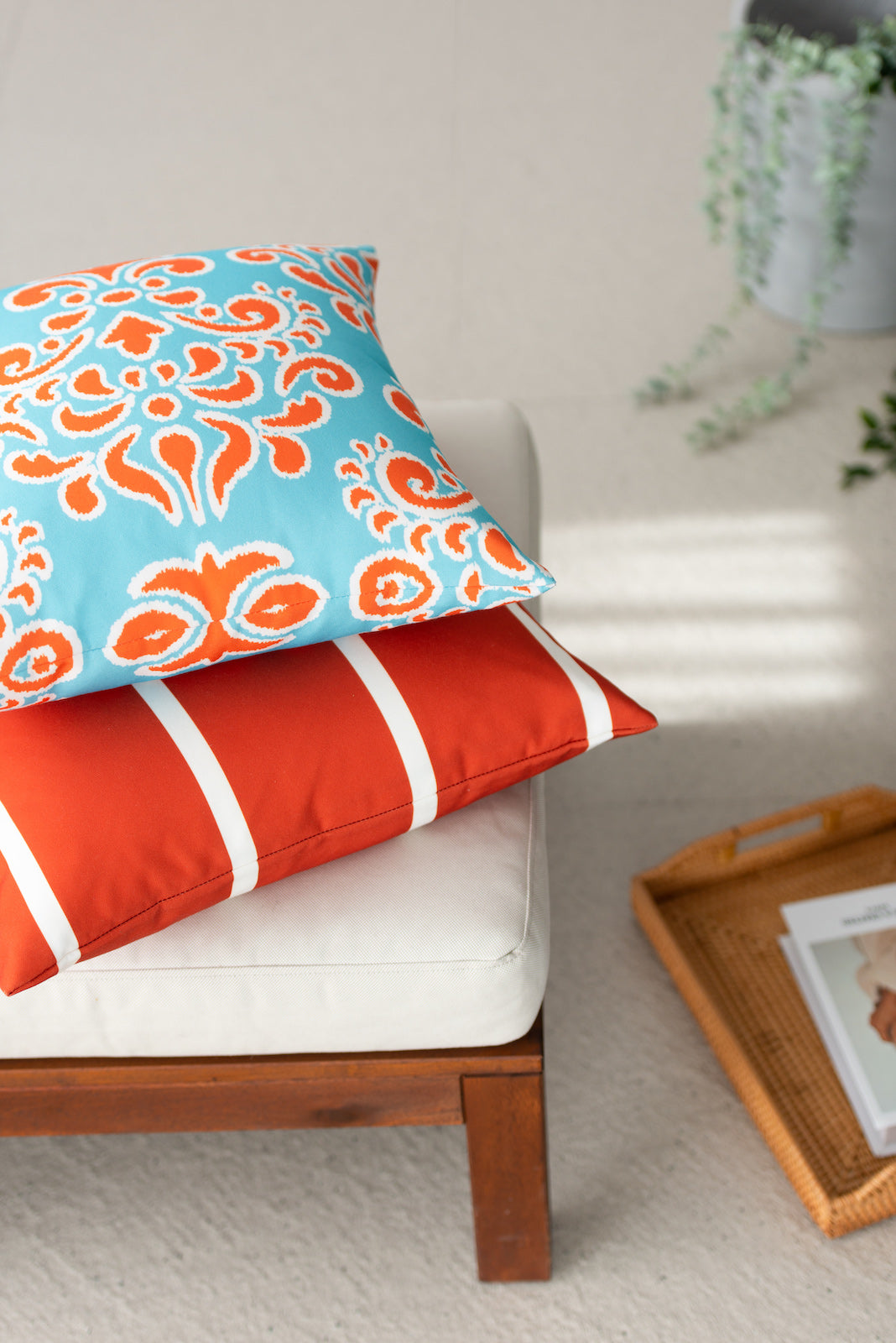 Coastal Outdoor Pillow Cover, Orange Aqua Damask, 18"x18"