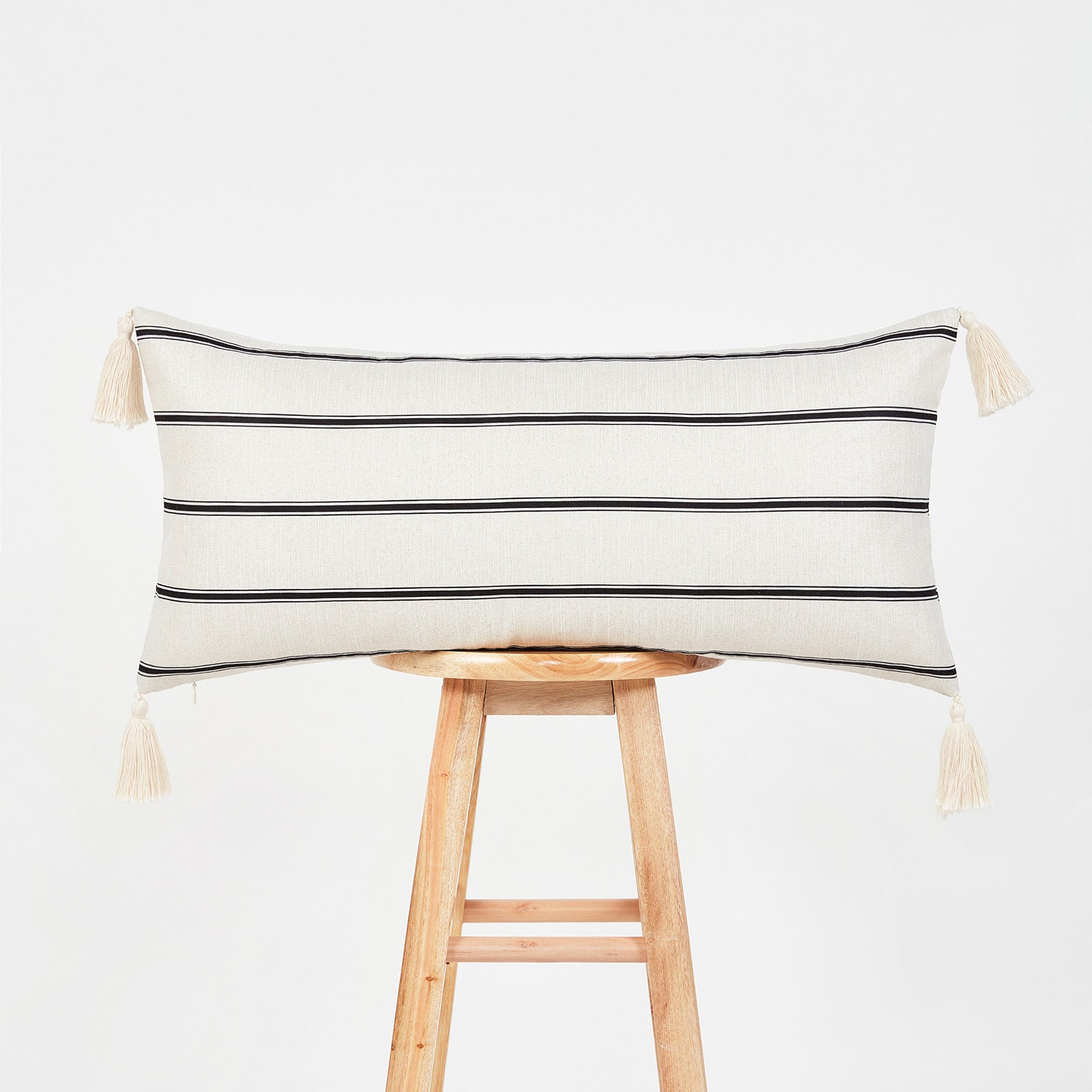 Modern Boho Outdoor Lumbar Pillow Cover, Striped Tassel, Beige, 12"x26"