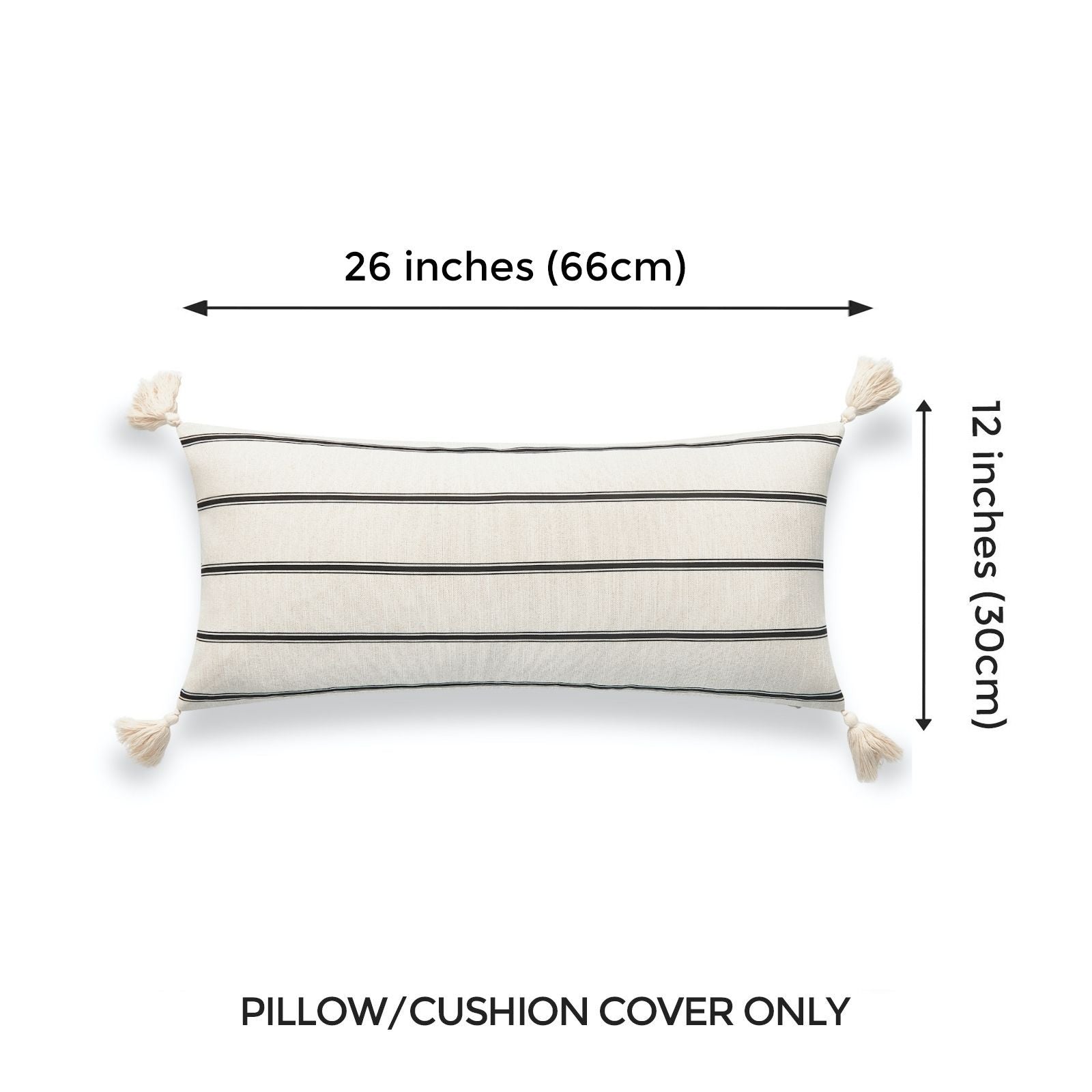 Modern Boho Outdoor Lumbar Pillow Cover, Striped Tassel, Beige, 12"x26"