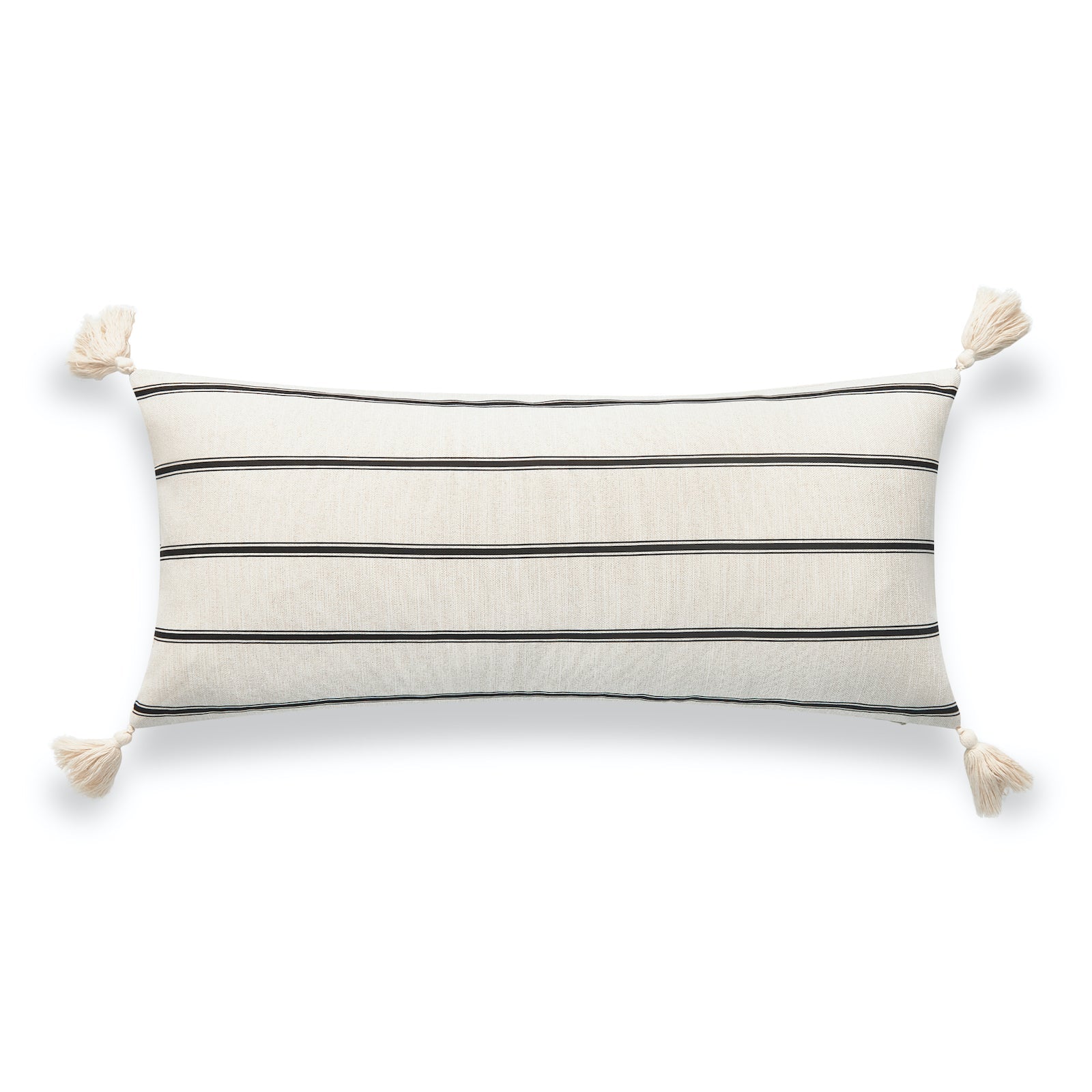 Modern Boho Outdoor Lumbar Pillow Cover, Striped Tassel, Beige, 12"x26"-0