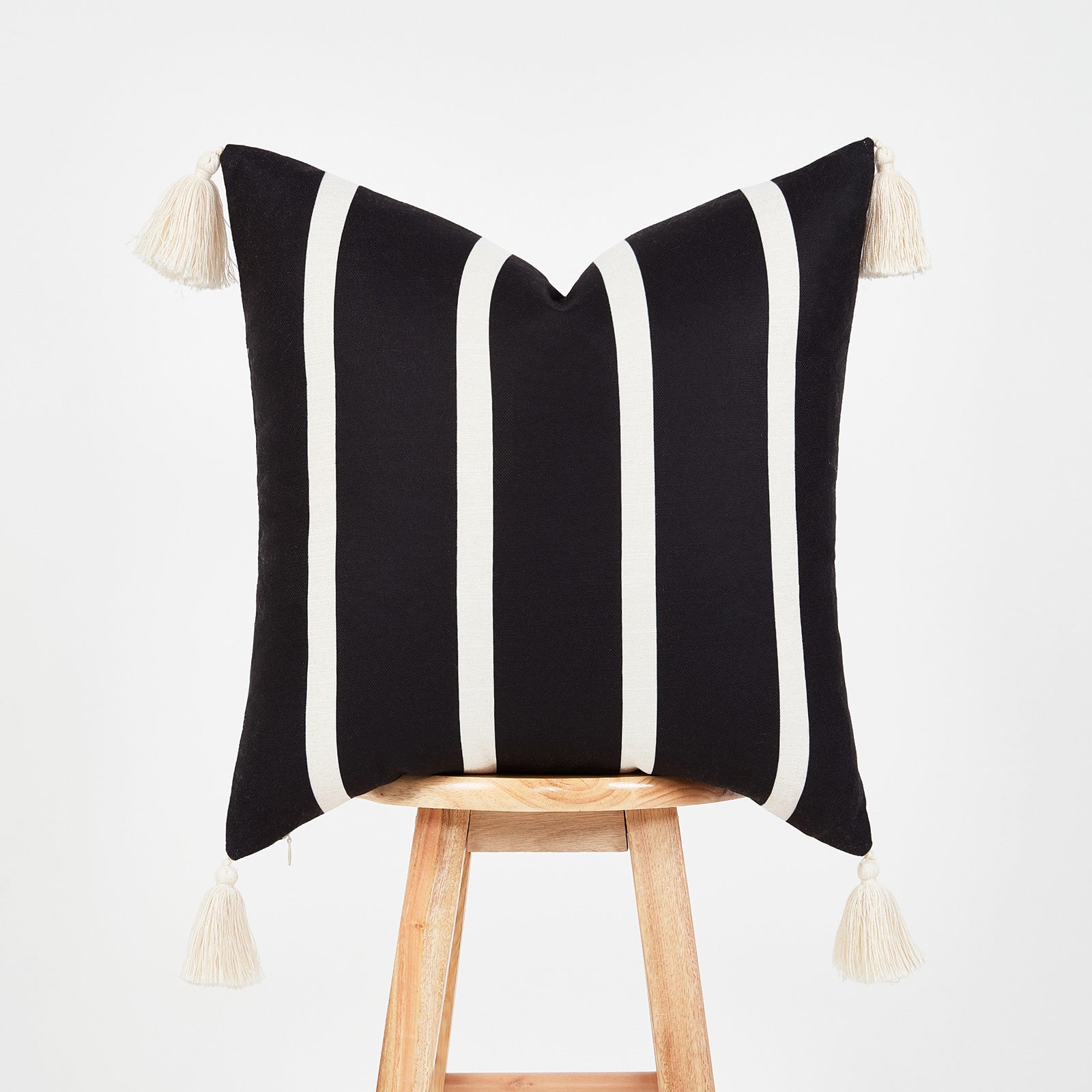 Modern Boho Outdoor Pillow Cover, Striped Tassel, Black, 18"x18"