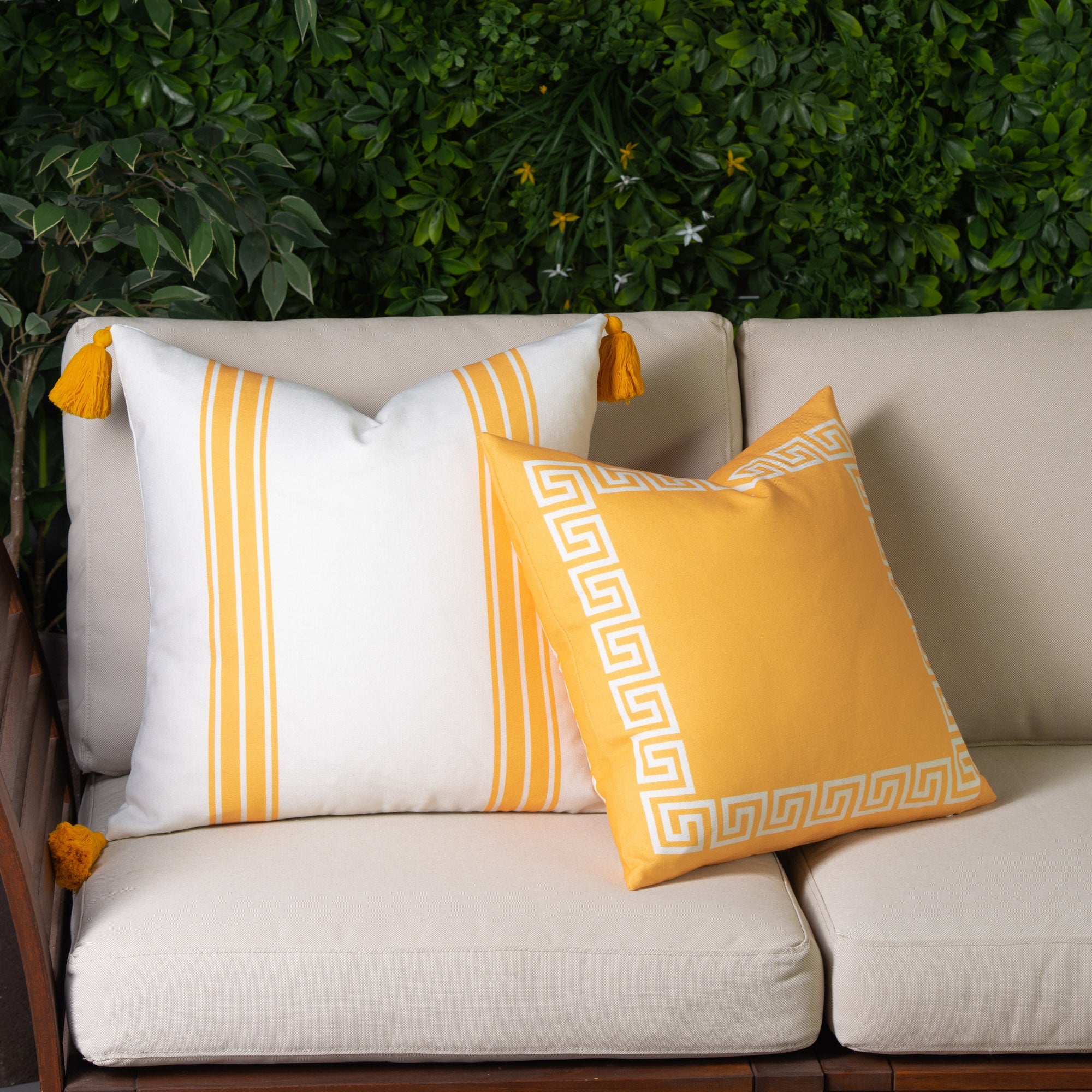 Coastal Boho Indoor Outdoor Pillow Cover, Helicon, Greek Key, Yellow, 18"x18"