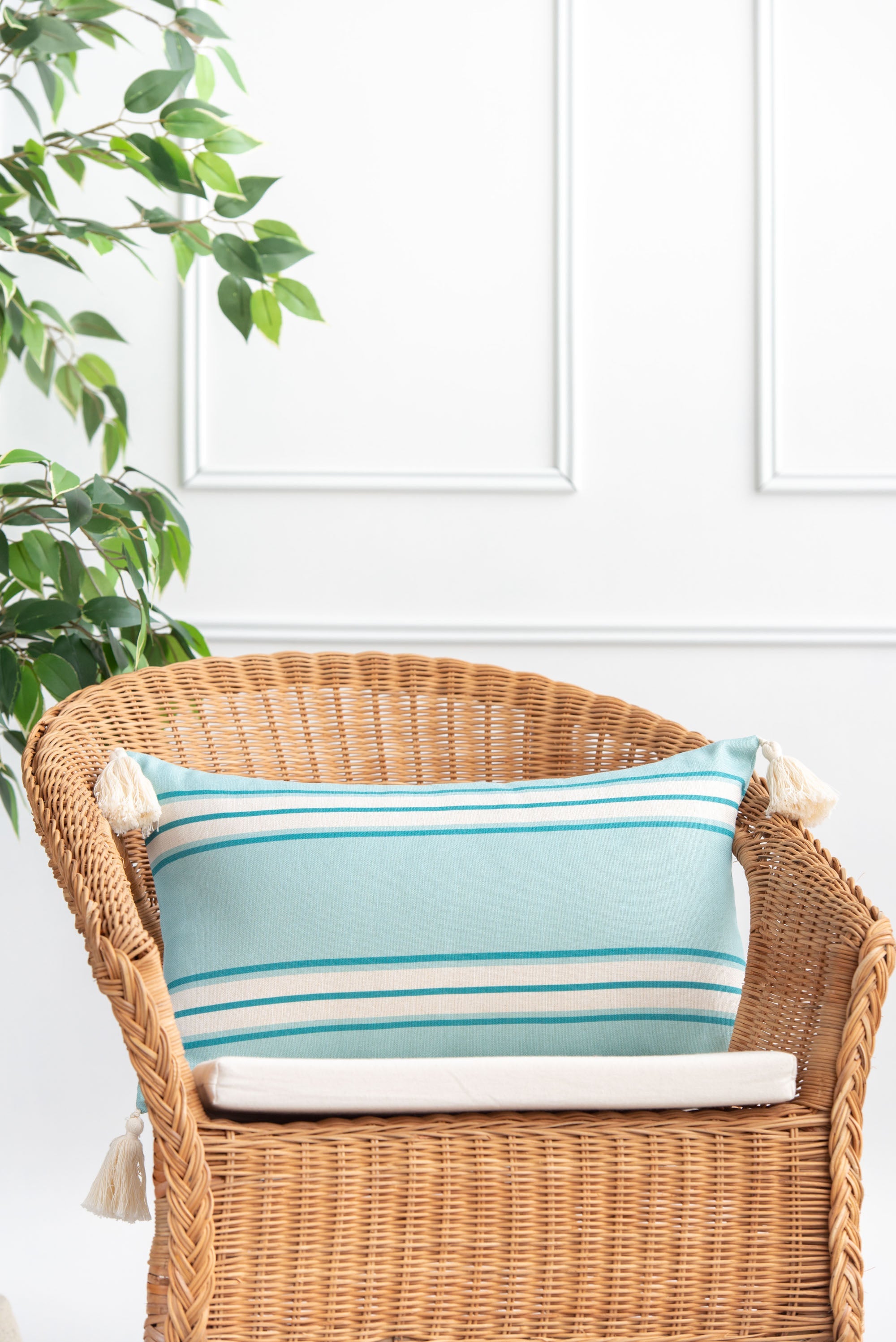 Coastal Indoor Outdoor Lumbar Pillow Cover, Aviv, Stripe Tassel, Aqua Turquoise, 12"x20"-1
