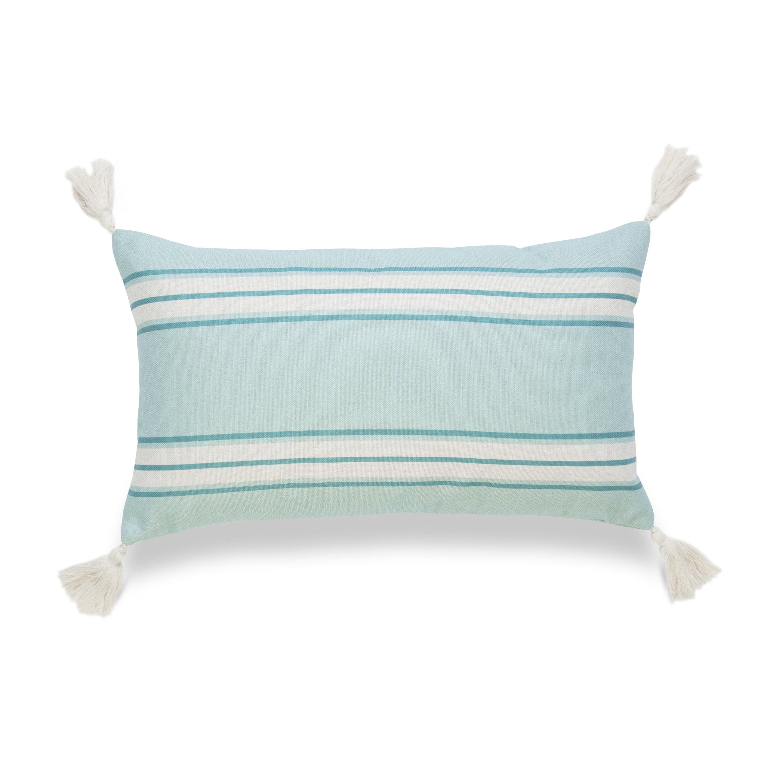 Coastal Indoor Outdoor Lumbar Pillow Cover, Aviv, Stripe Tassel, Aqua Turquoise, 12"x20"-0