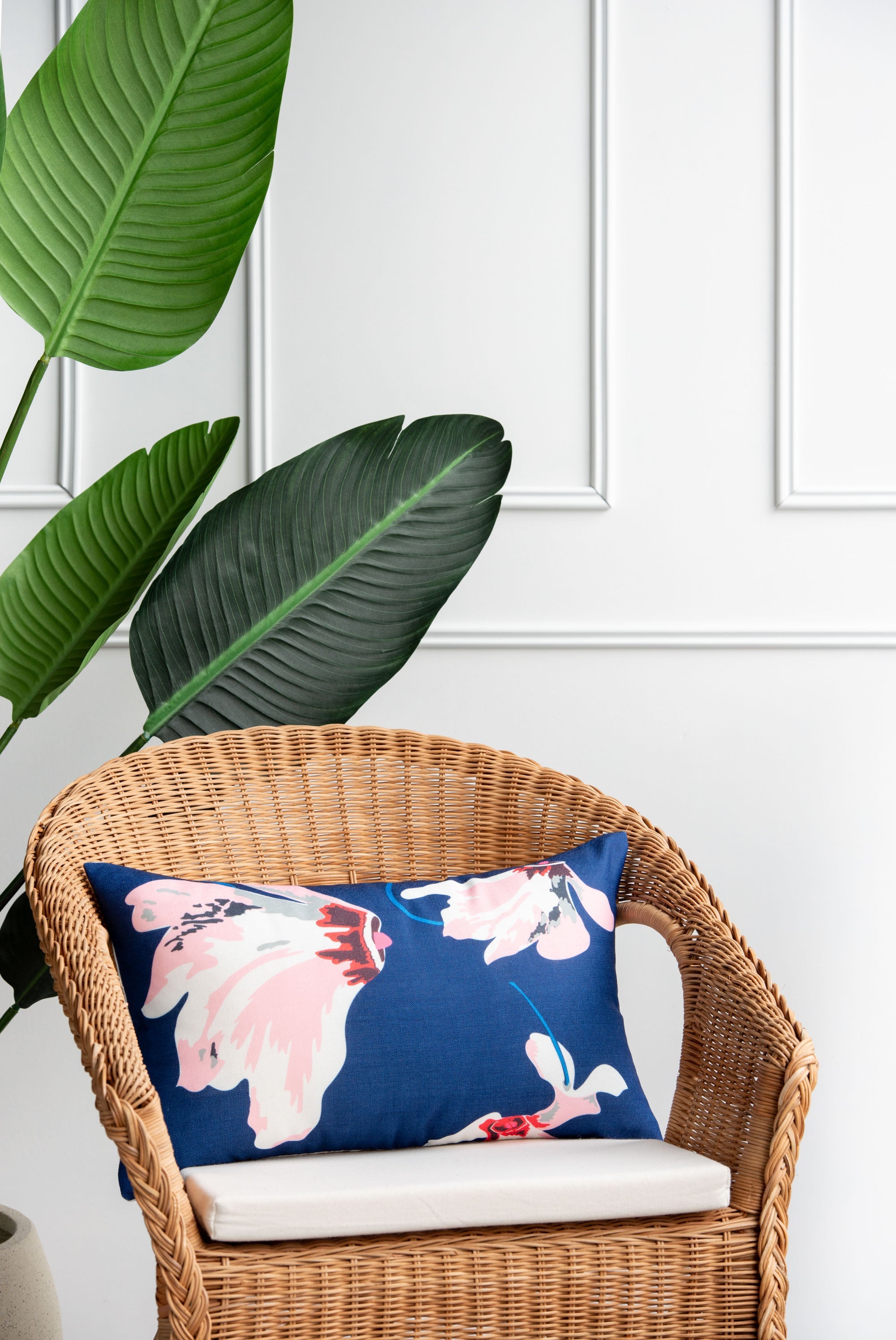 Spring Indoor Outdoor Lumbar Pillow Cover, Floral, Navy Blue Pink, 12"x20"-1