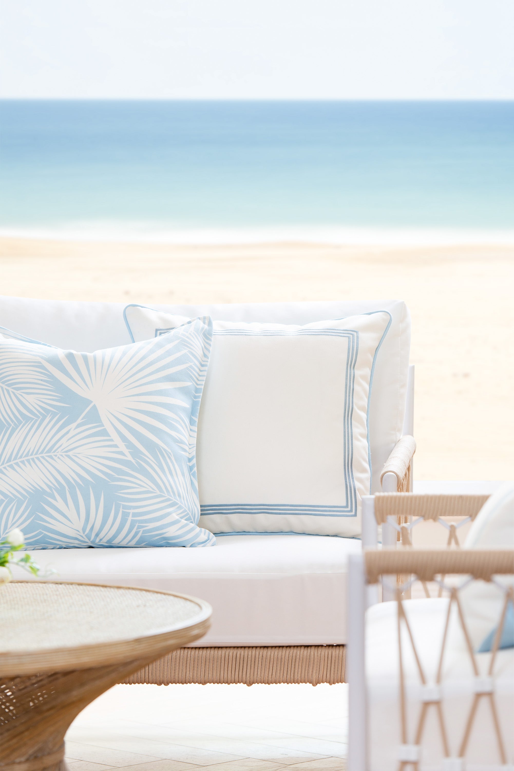 Coastal Hampton Style Indoor Outdoor Pillow Cover, Palm Leaf, Baby Blue, 20"x20"-1
