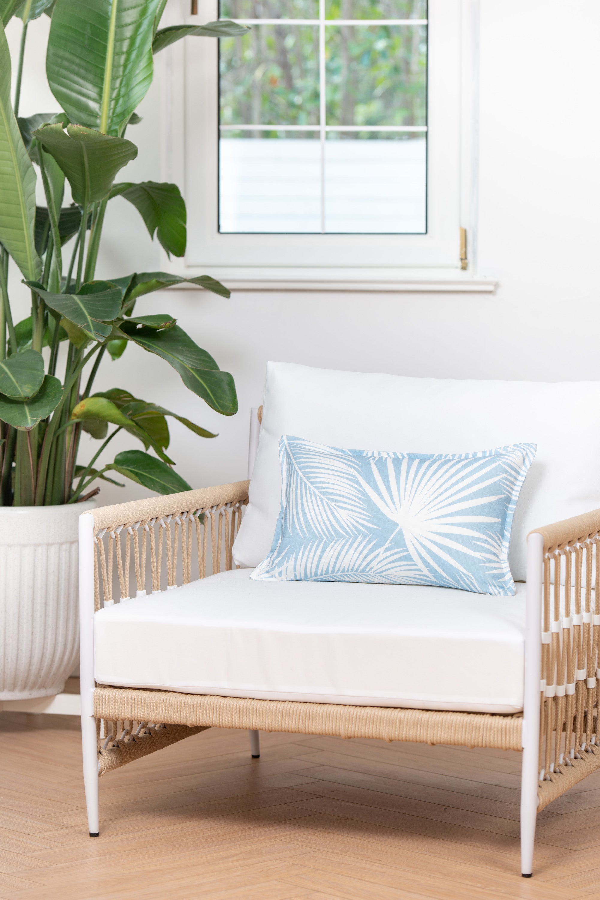 Coastal Hampton Style Indoor Outdoor Lumbar Pillow Cover, Palm Leaf, Baby Blue, 12"x20"