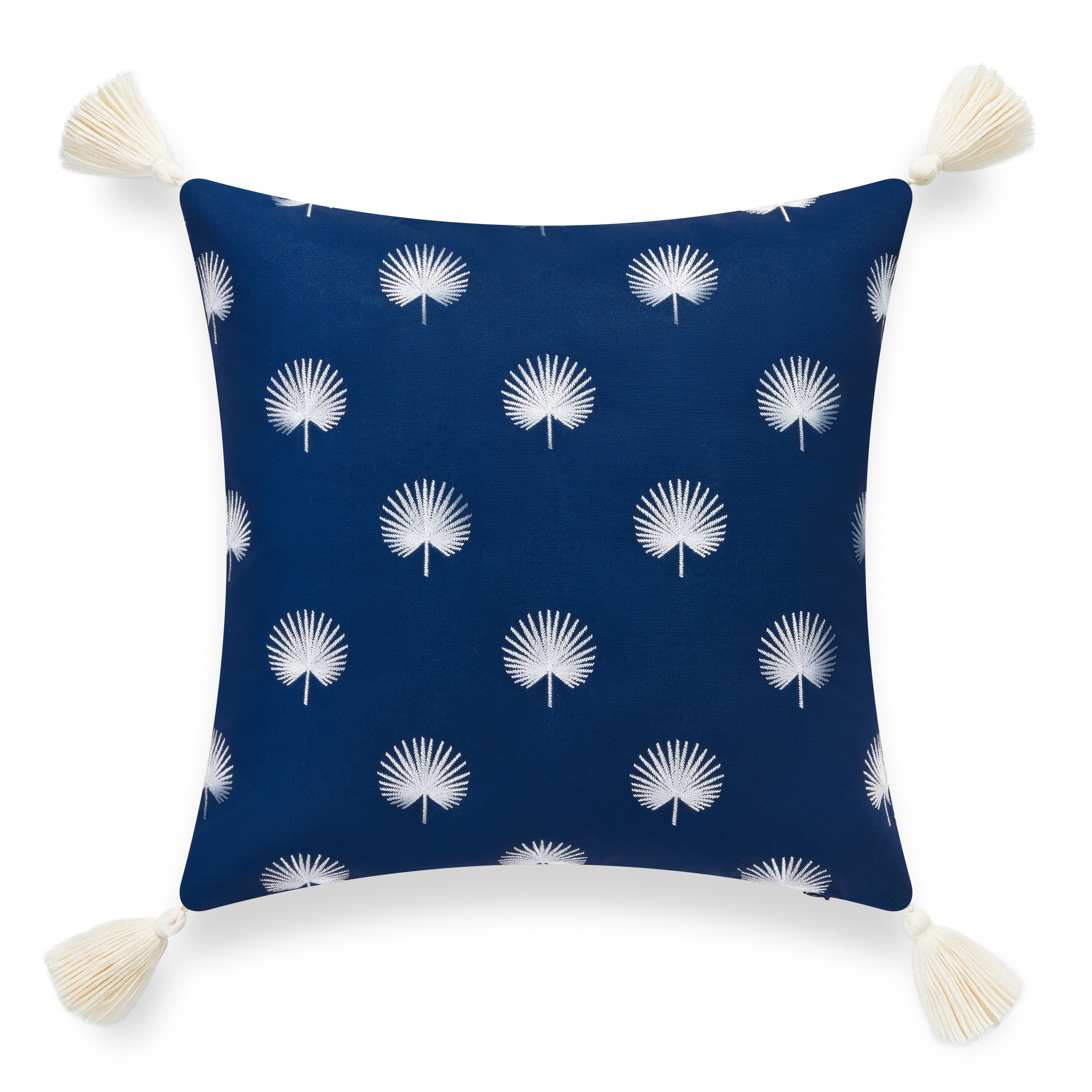 Coastal Hampton Style Indoor Outdoor Throw Pillow Cover, Embroidered Palm Leaf Tassel, Navy Blue, 18"x18"