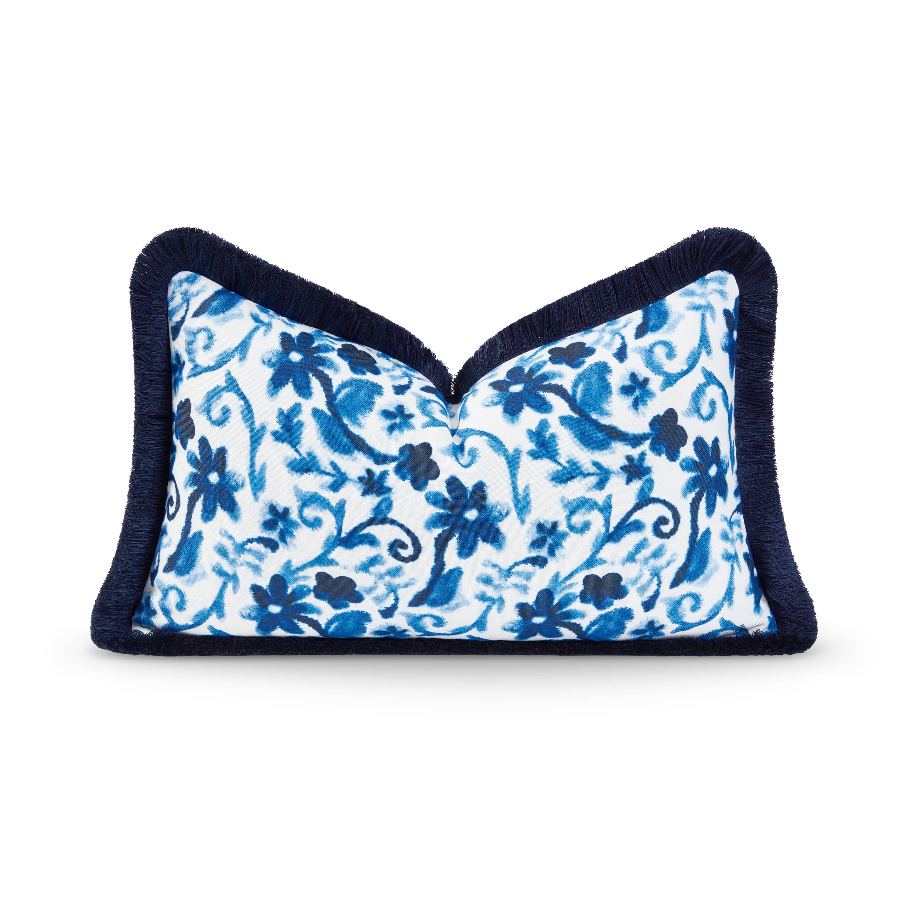 Coastal Hampton Style Indoor Outdoor Lumbar Pillow Cover, Floral Fringe, Navy Blue, 12"x20"