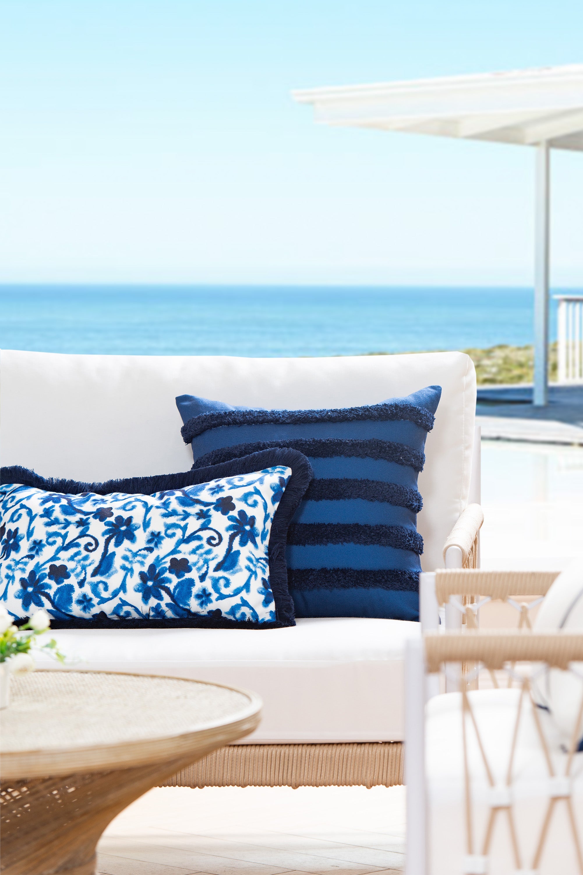 Coastal Hampton Style Indoor Outdoor Lumbar Pillow Cover, Floral Fringe, Navy Blue, 12"x20"
