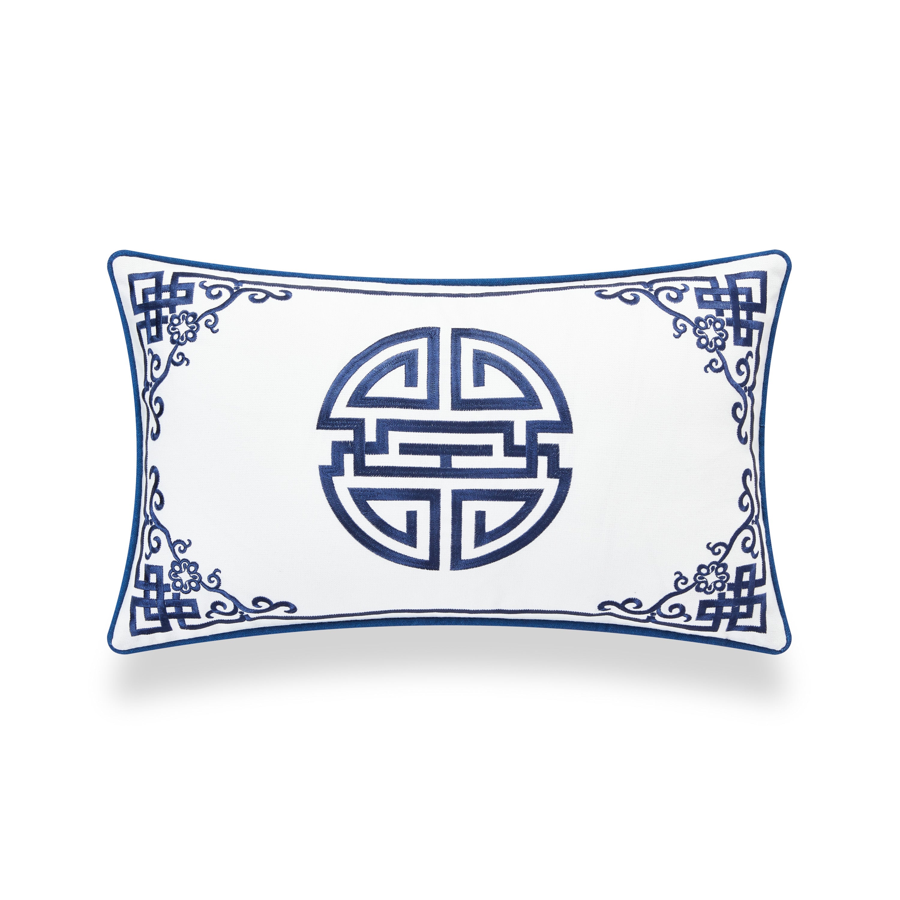 Coastal Hampton Style Indoor Outdoor Lumbar Pillow Cover, Embroidered Longevity Symbol, Navy Blue, 12"x20"