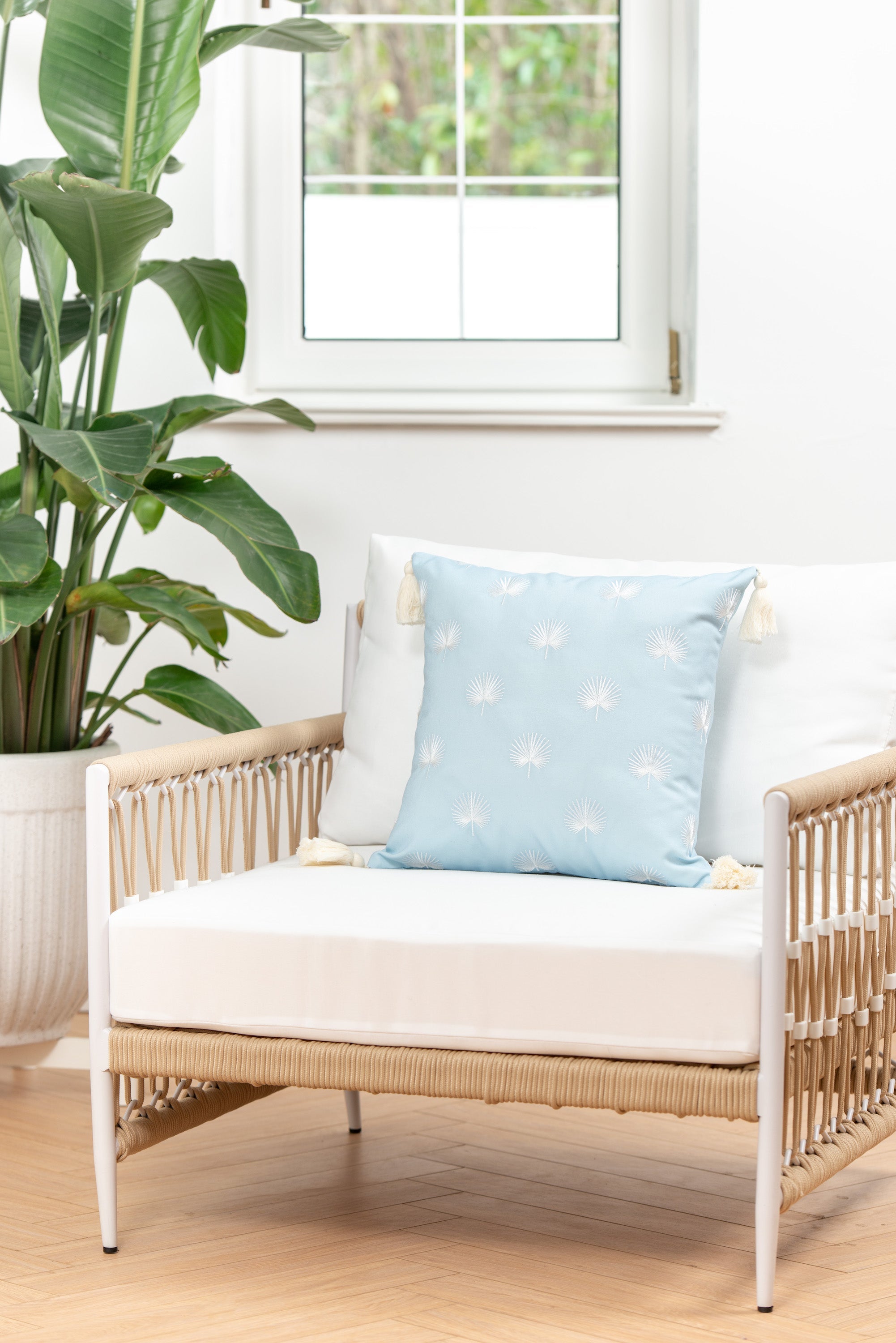 Coastal Hampton Style Indoor Outdoor Throw Pillow Cover, Embroidered Palm Leaf Tassel, Baby Blue, 18"x18"