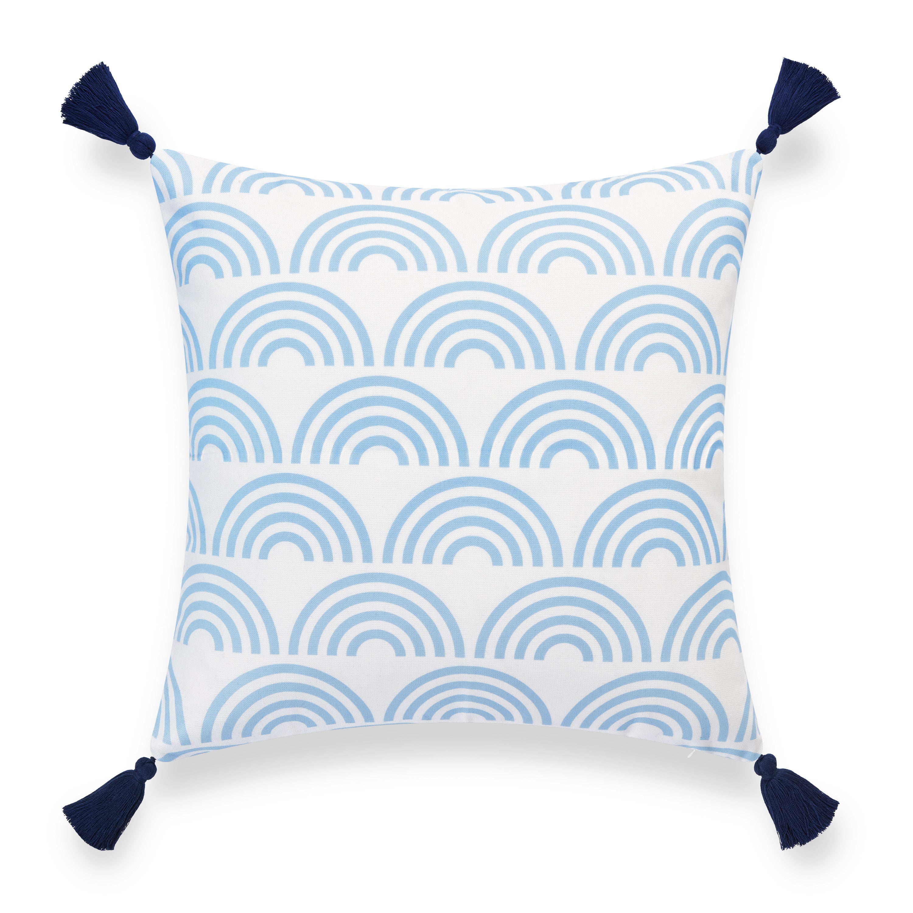 Coastal Hampton Style Indoor Outdoor Throw Pillow Cover, Rainbow Tassel, Baby Blue, 18"x18"