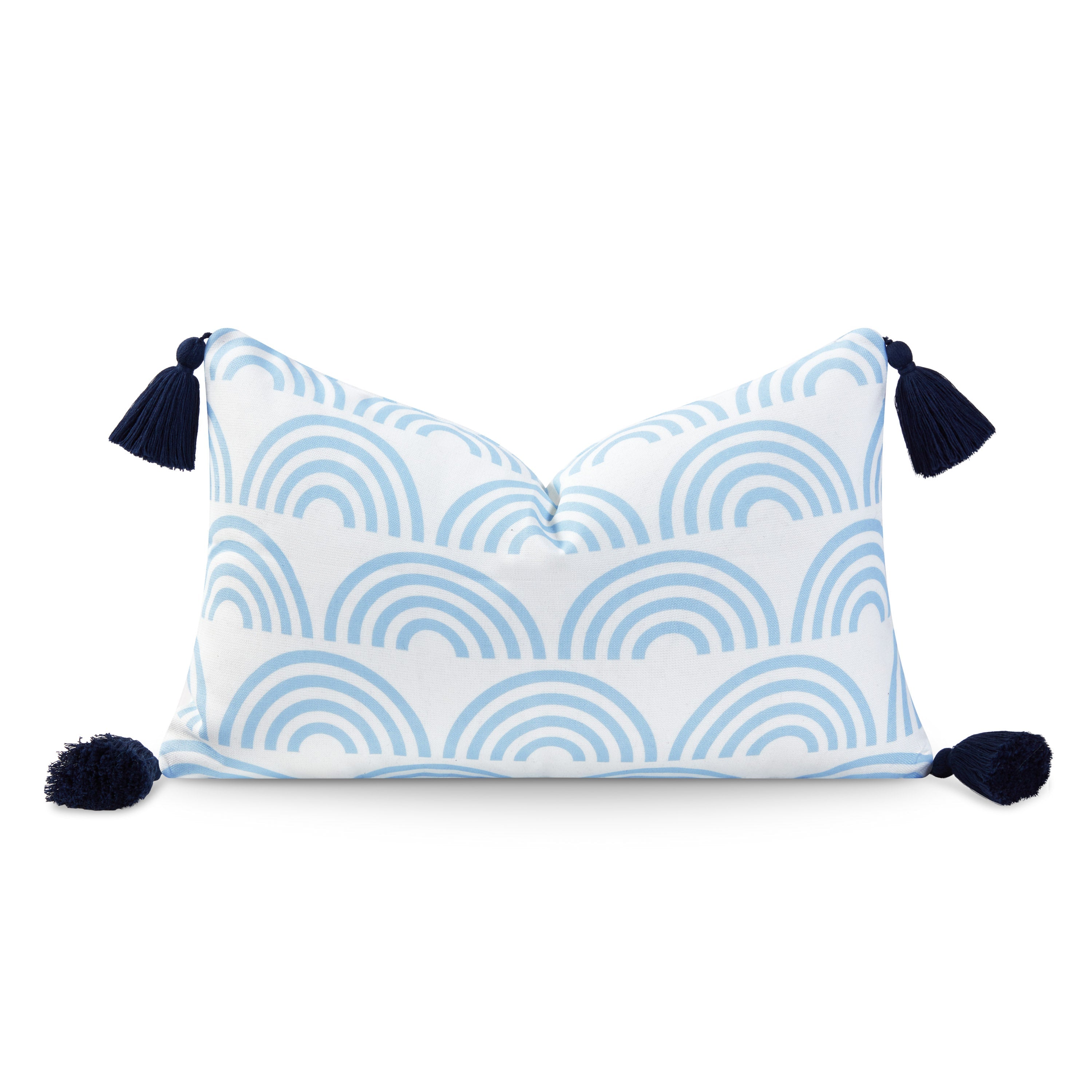 Coastal Hampton Style Indoor Outdoor Lumbar Pillow Cover, Rainbow Tassel, Baby Blue, 12"x20"