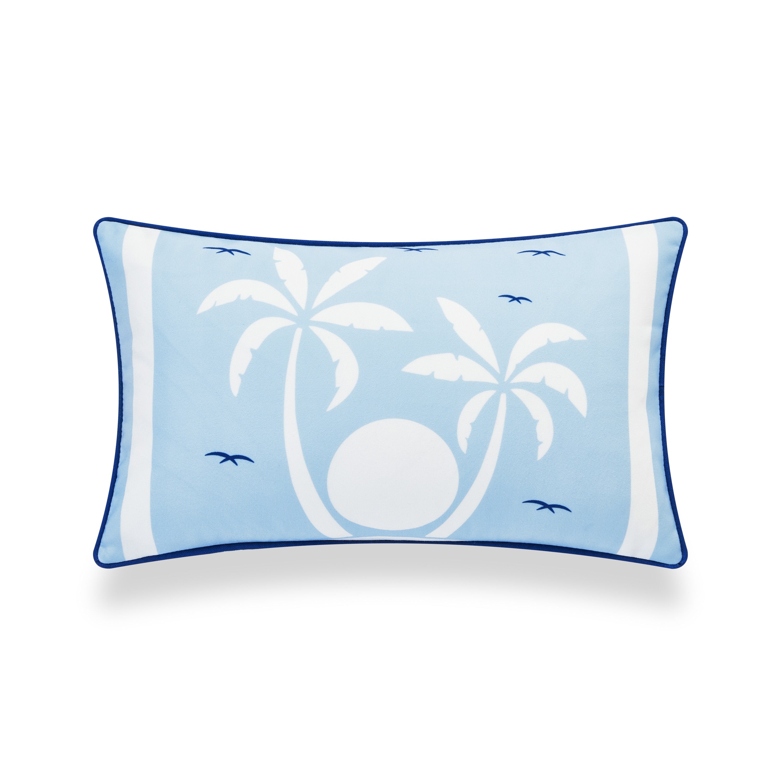 Coastal Hampton Style Indoor Outdoor Lumbar Pillow Cover, Palm Tree, Baby Blue Navy, 12"x20"