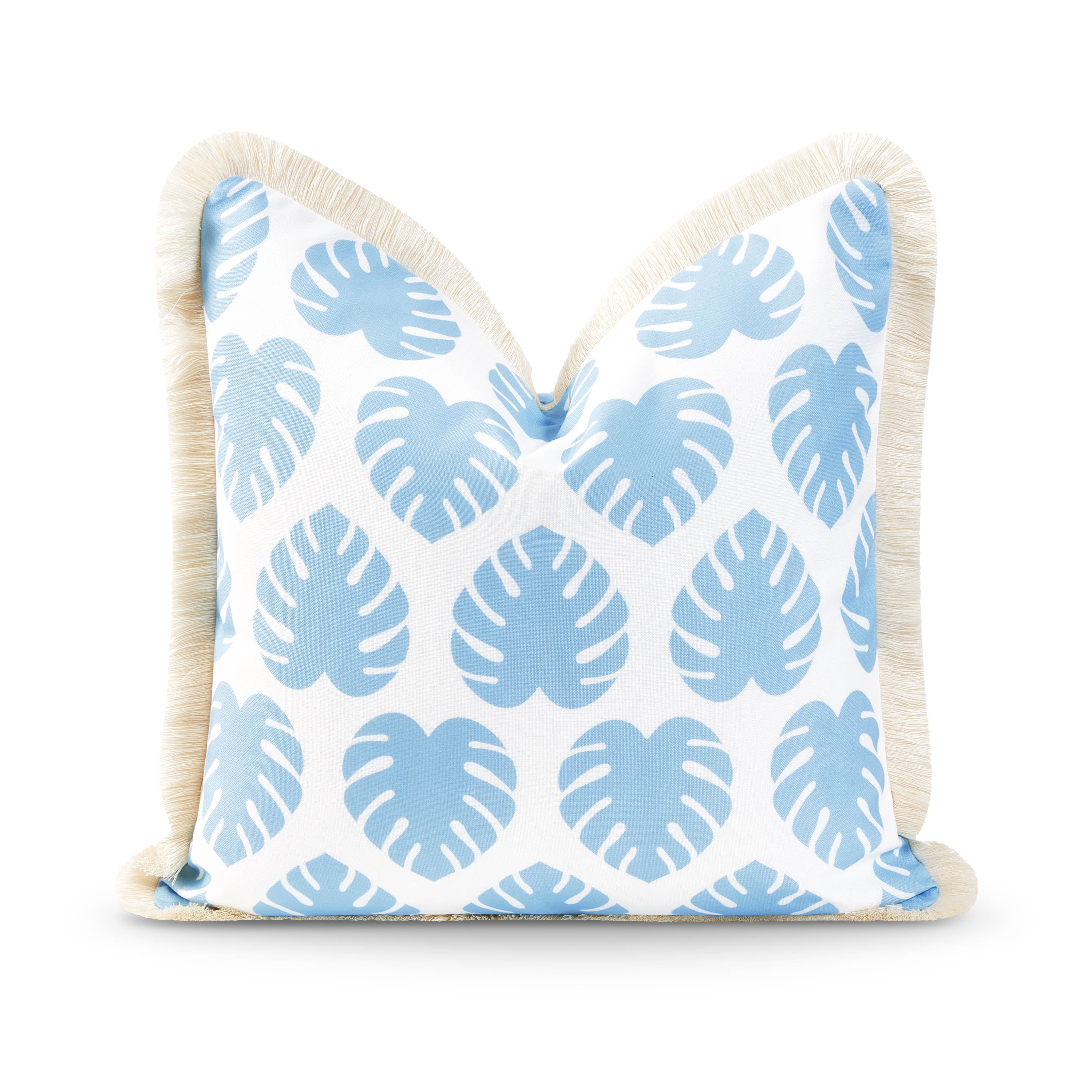 Coastal Hampton Style Indoor Outdoor Pillow Cover, Monstera Leaf Fringe, Baby Blue, 20"x20"-0