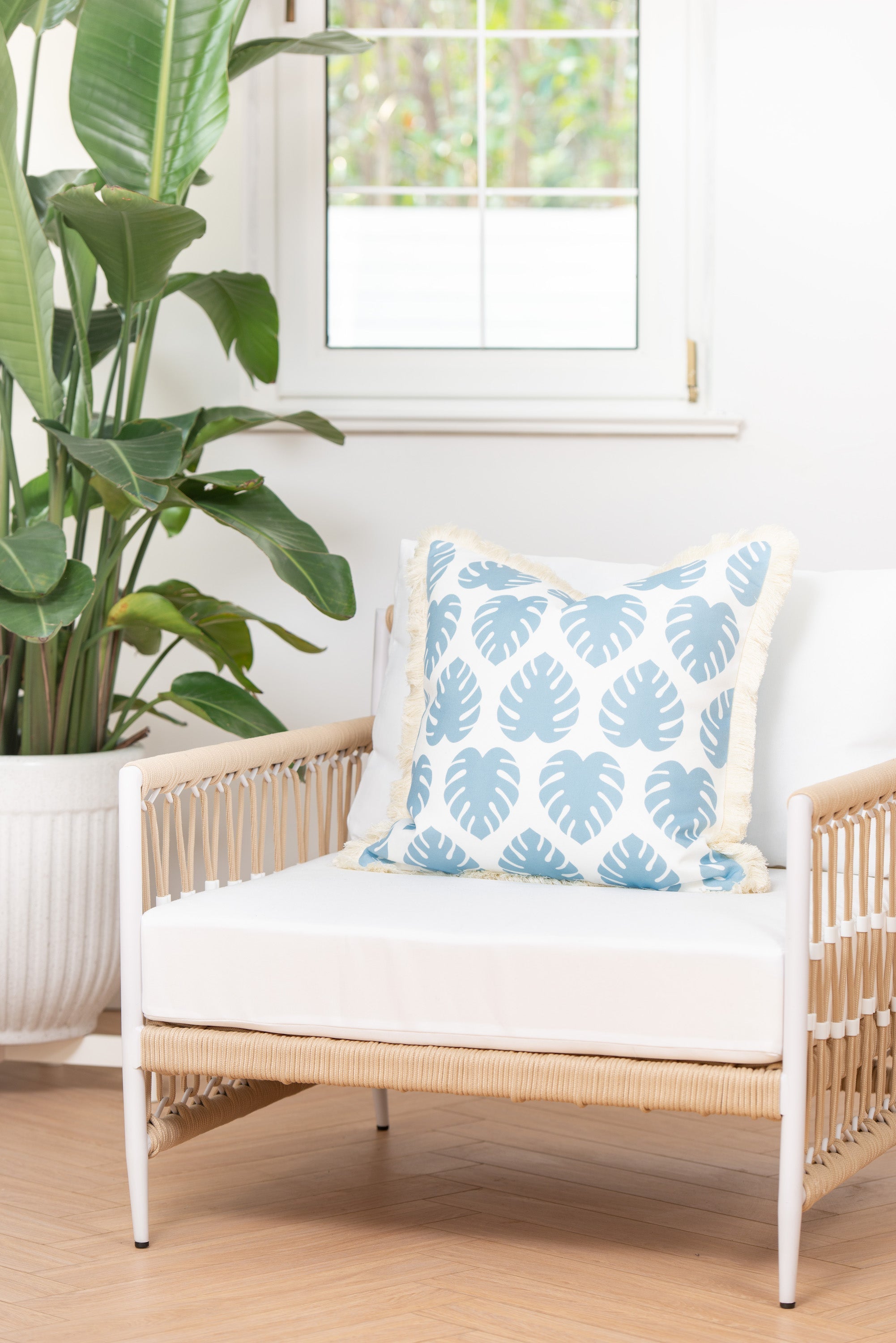 Coastal Hampton Style Indoor Outdoor Pillow Cover, Monstera Leaf Fringe, Baby Blue, 20"x20"