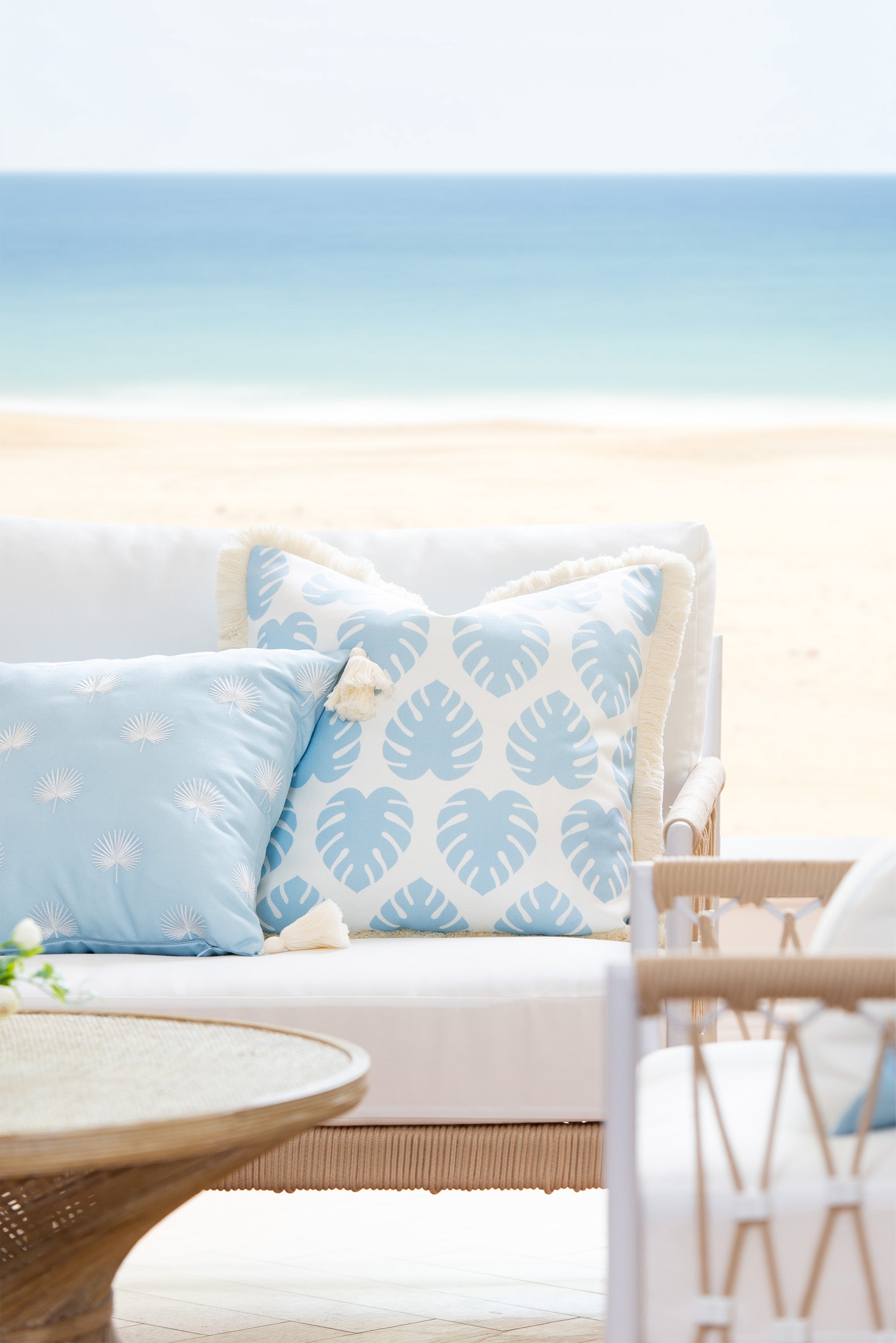 Coastal Hampton Style Indoor Outdoor Pillow Cover, Monstera Leaf Fringe, Baby Blue, 20"x20"-1