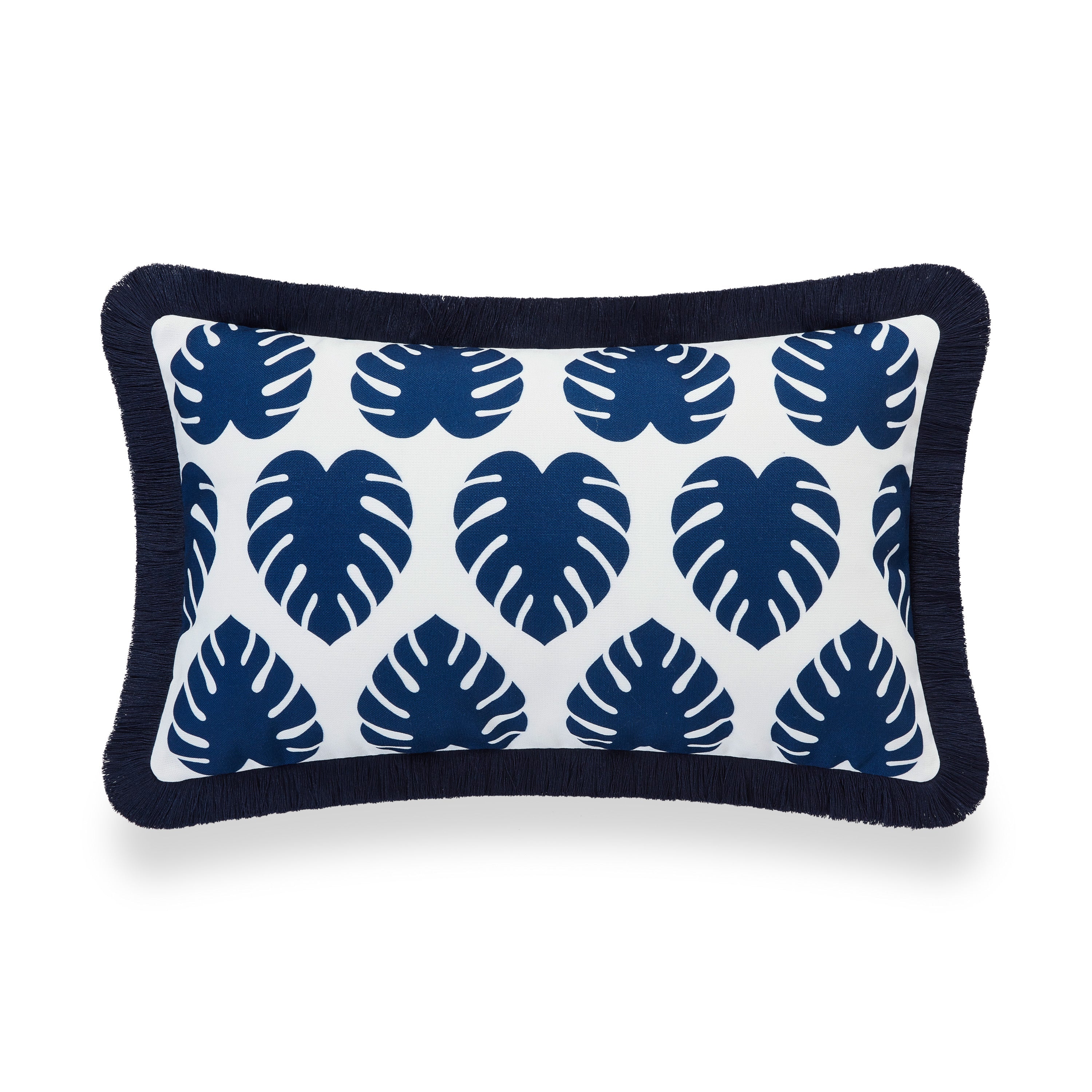 Coastal Hampton Style Indoor Outdoor Lumbar Pillow Cover, Monstera Leaf Fringe, Navy Blue, 12"x20"