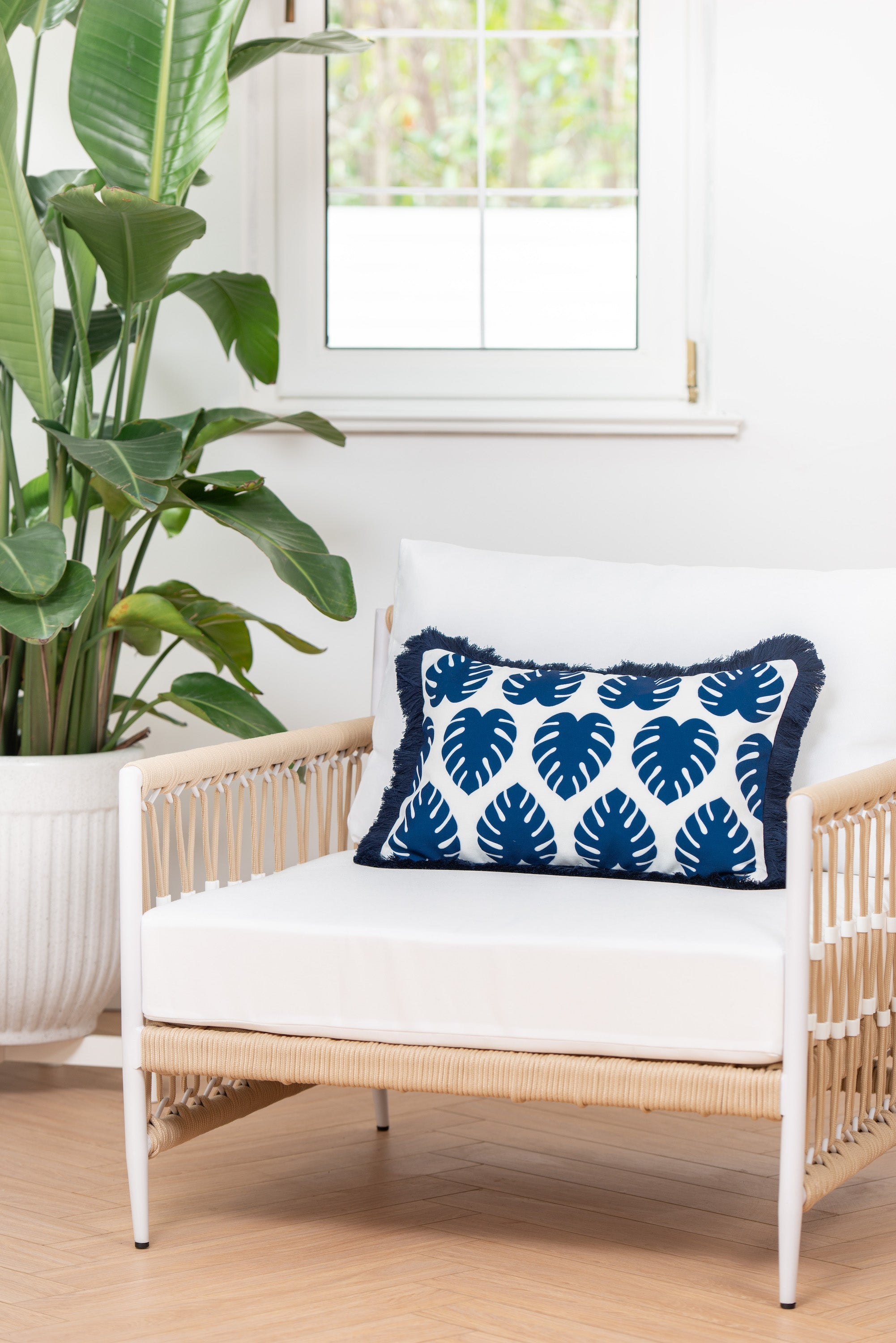 Coastal Hampton Style Indoor Outdoor Lumbar Pillow Cover, Monstera Leaf Fringe, Navy Blue, 12"x20"