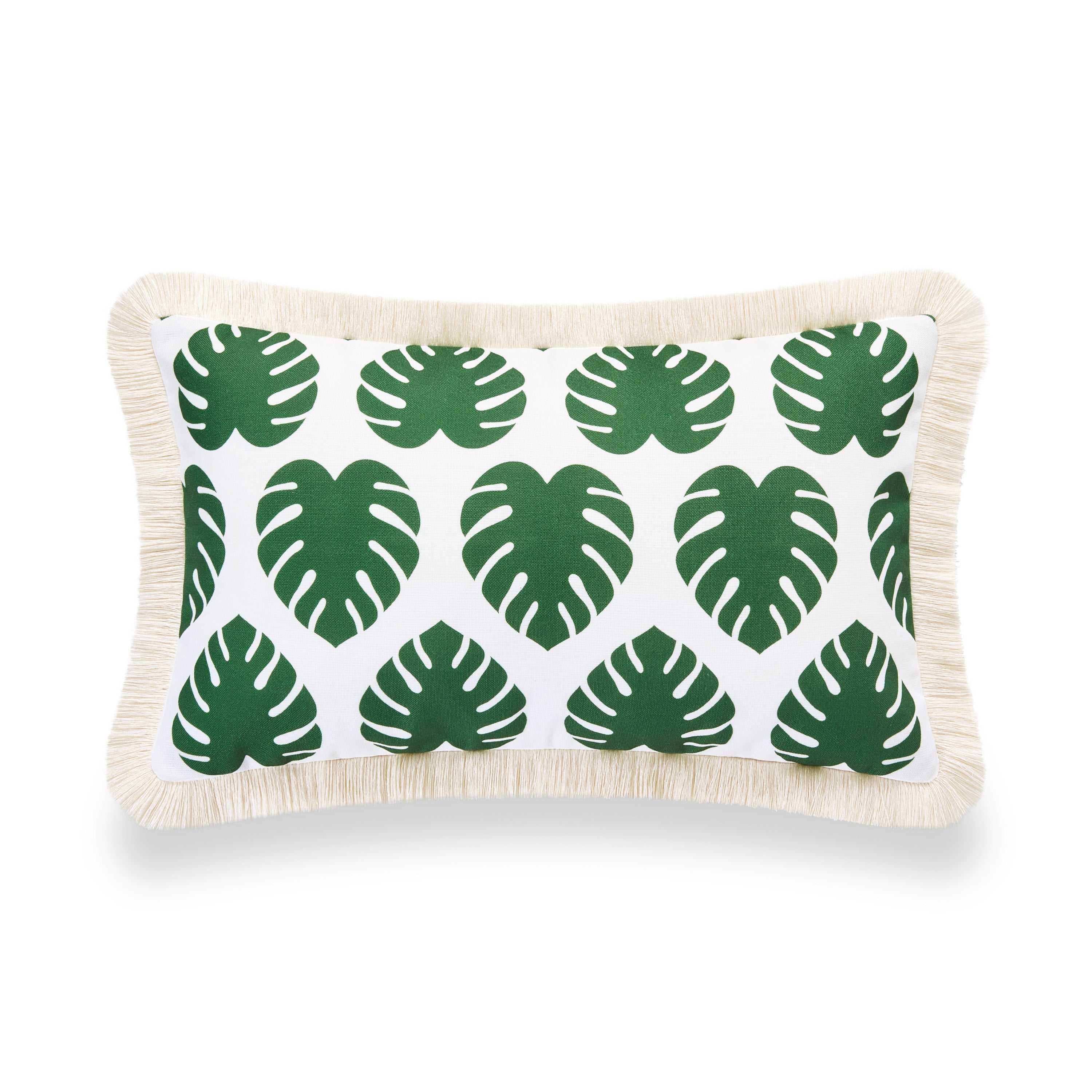 Coastal Indoor Outdoor Lumbar Pillow Cover, Monstera Leaf Fringe, Green, 12"x20"