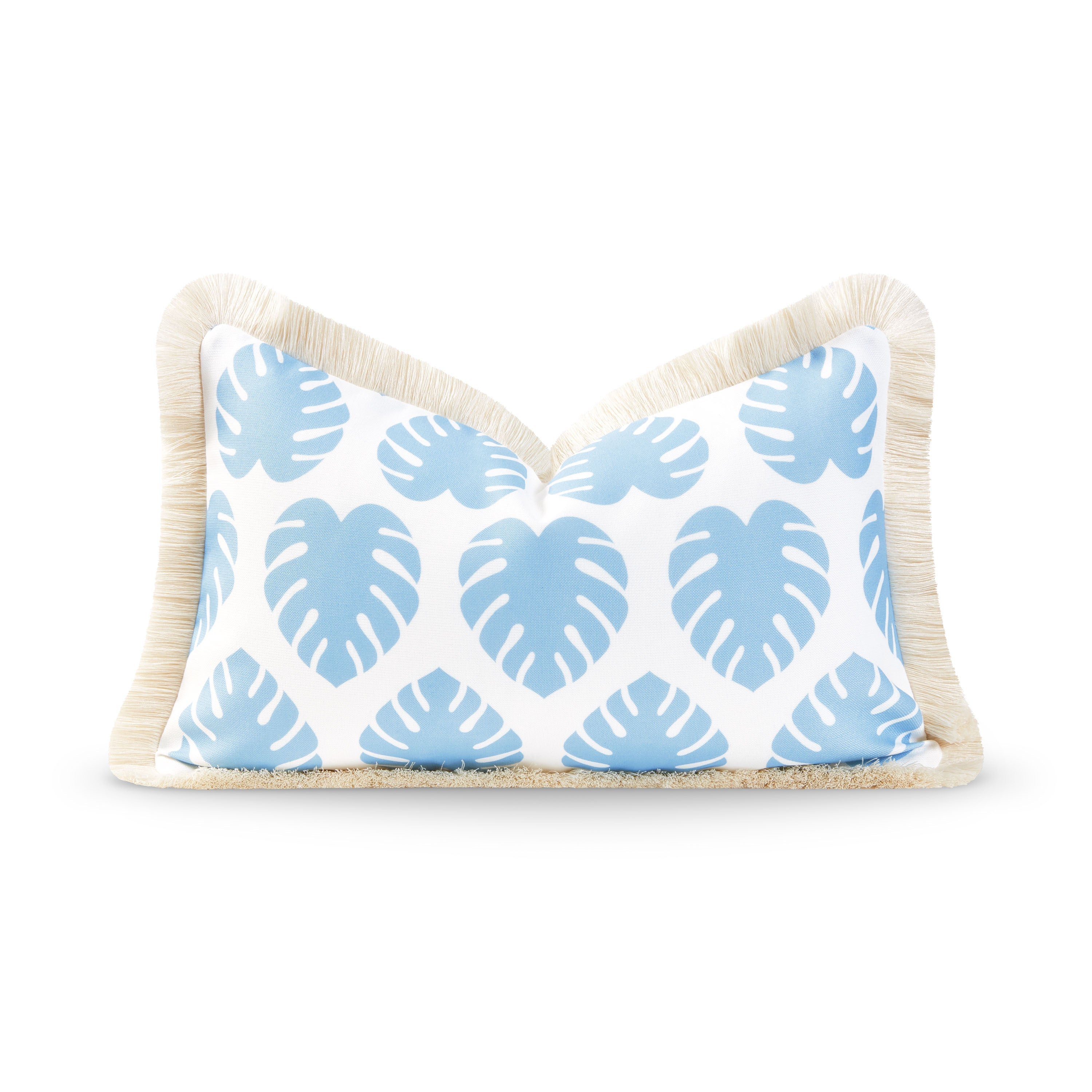 Coastal Hampton Style Indoor Outdoor Lumbar Pillow Cover, Monstera Leaf Fringe, Baby Blue, 12"x20"