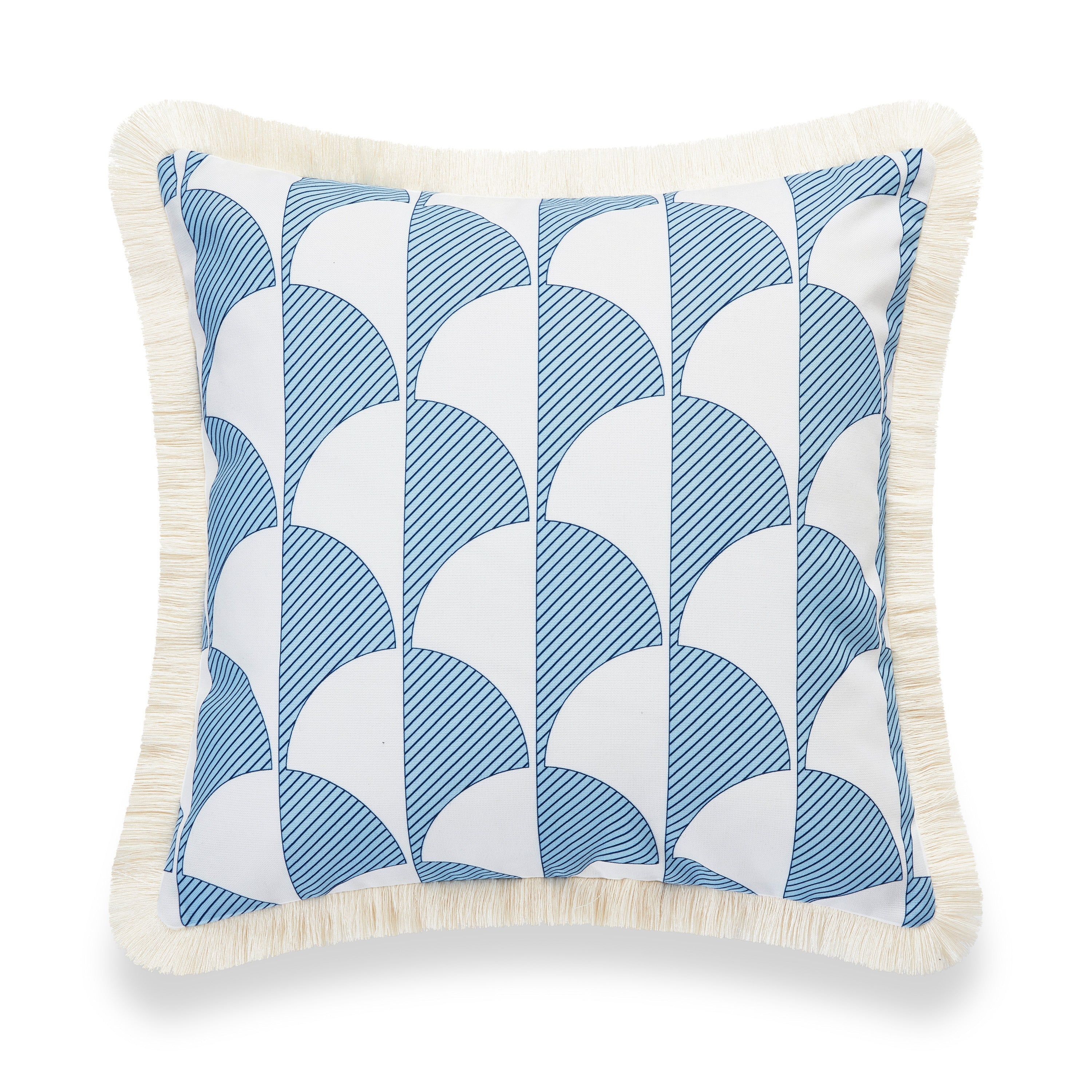 Coastal Hampton Style Indoor Outdoor Pillow Cover, Scale Motif Fringe, Baby Blue, 20"x20"