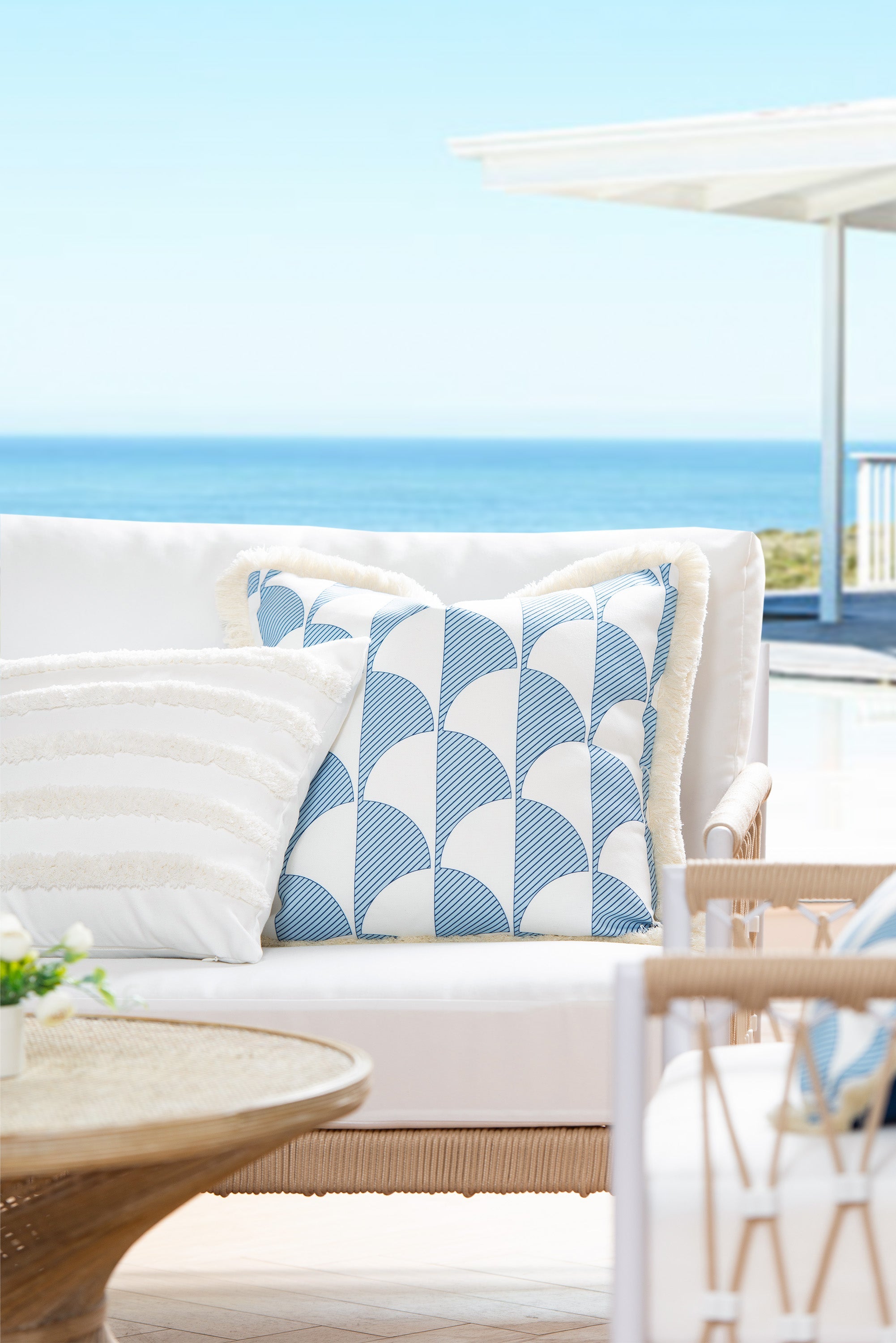 Coastal Hampton Style Indoor Outdoor Pillow Cover, Scale Motif Fringe, Baby Blue, 20"x20"