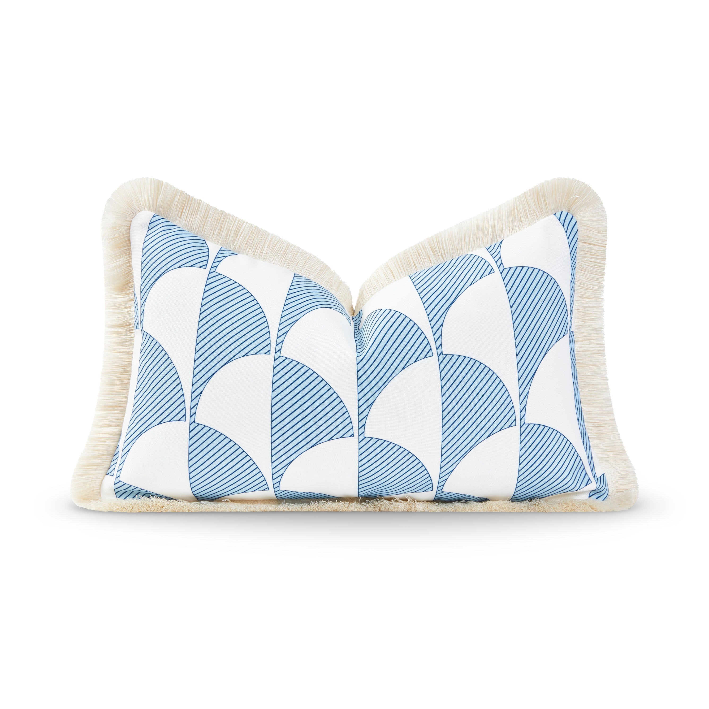 Coastal Hampton Style Indoor Outdoor Lumbar Pillow Cover, Scale Motif Fringe, Baby Blue, 12"x20"-0