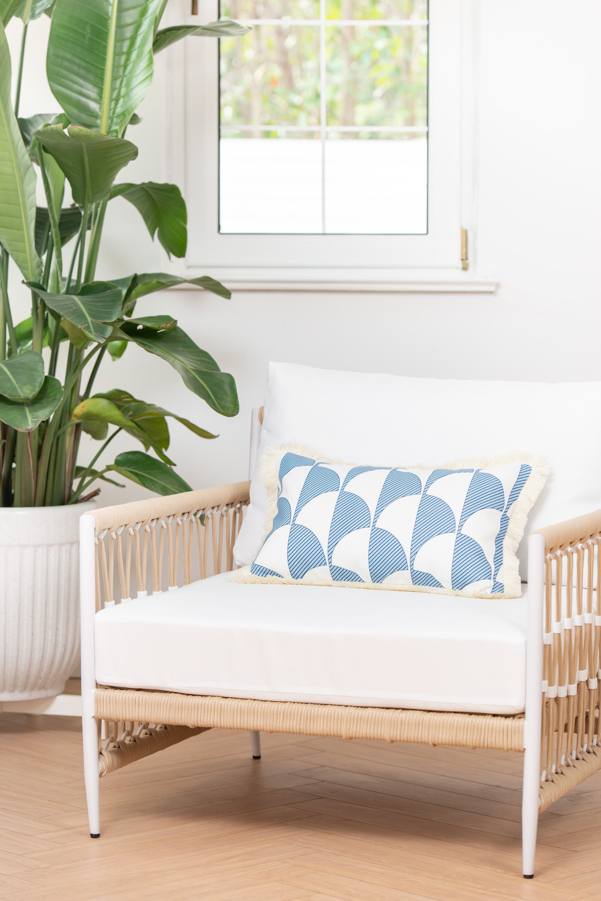 Coastal Hampton Style Indoor Outdoor Lumbar Pillow Cover, Scale Motif Fringe, Baby Blue, 12"x20"