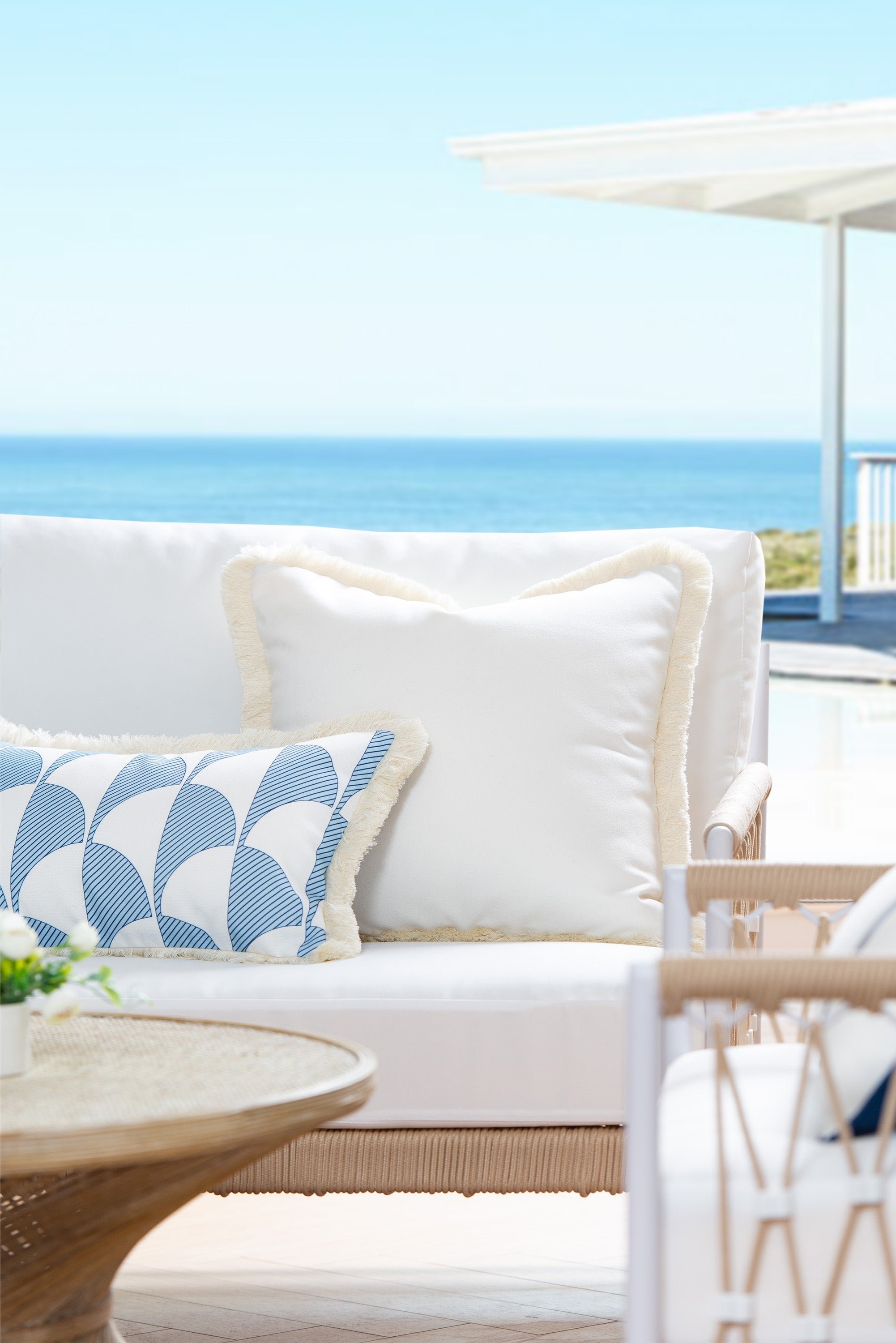 Coastal Hampton Style Indoor Outdoor Lumbar Pillow Cover, Scale Motif Fringe, Baby Blue, 12"x20"-1